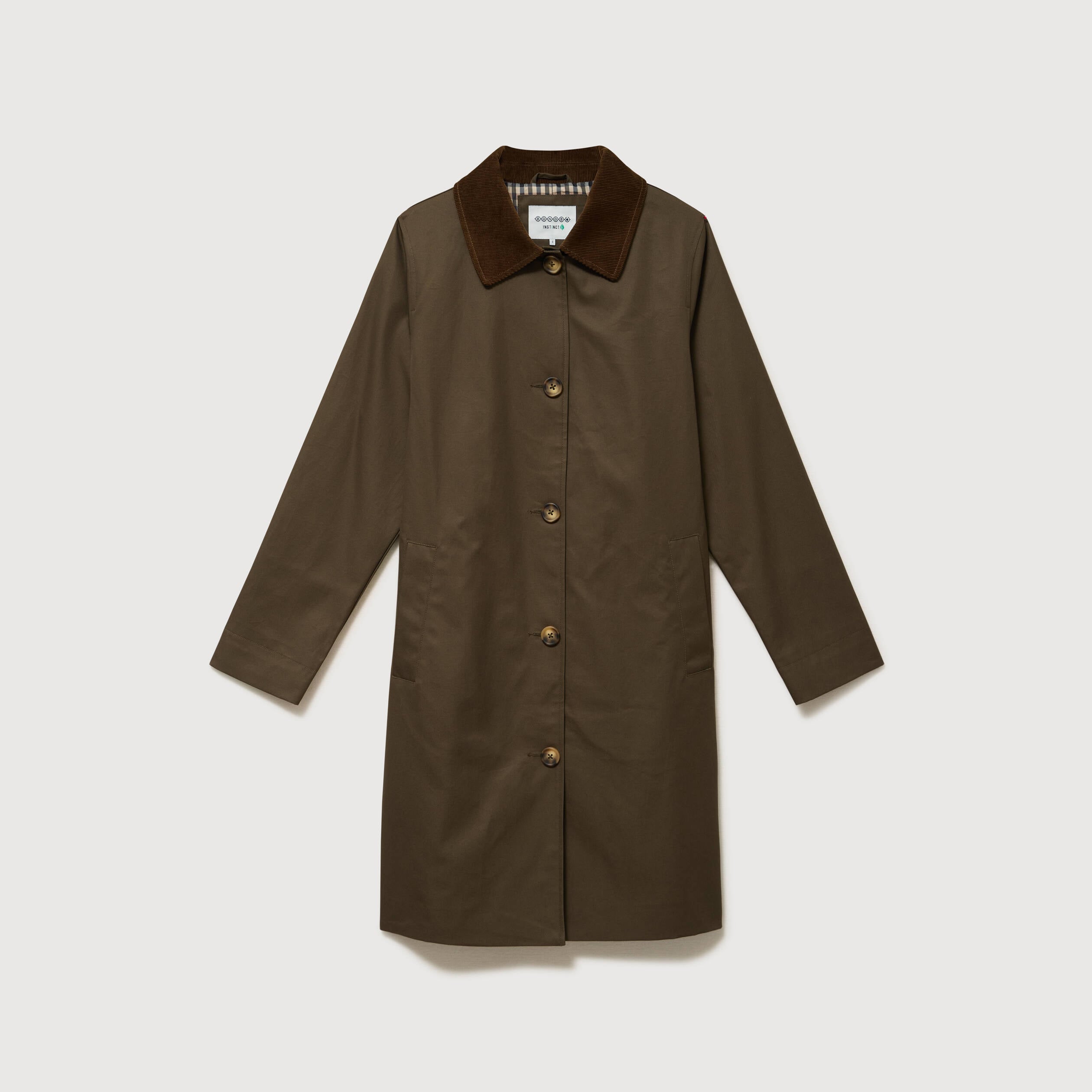 Trench droit long en coton doubl&eacute; vert kaki femme