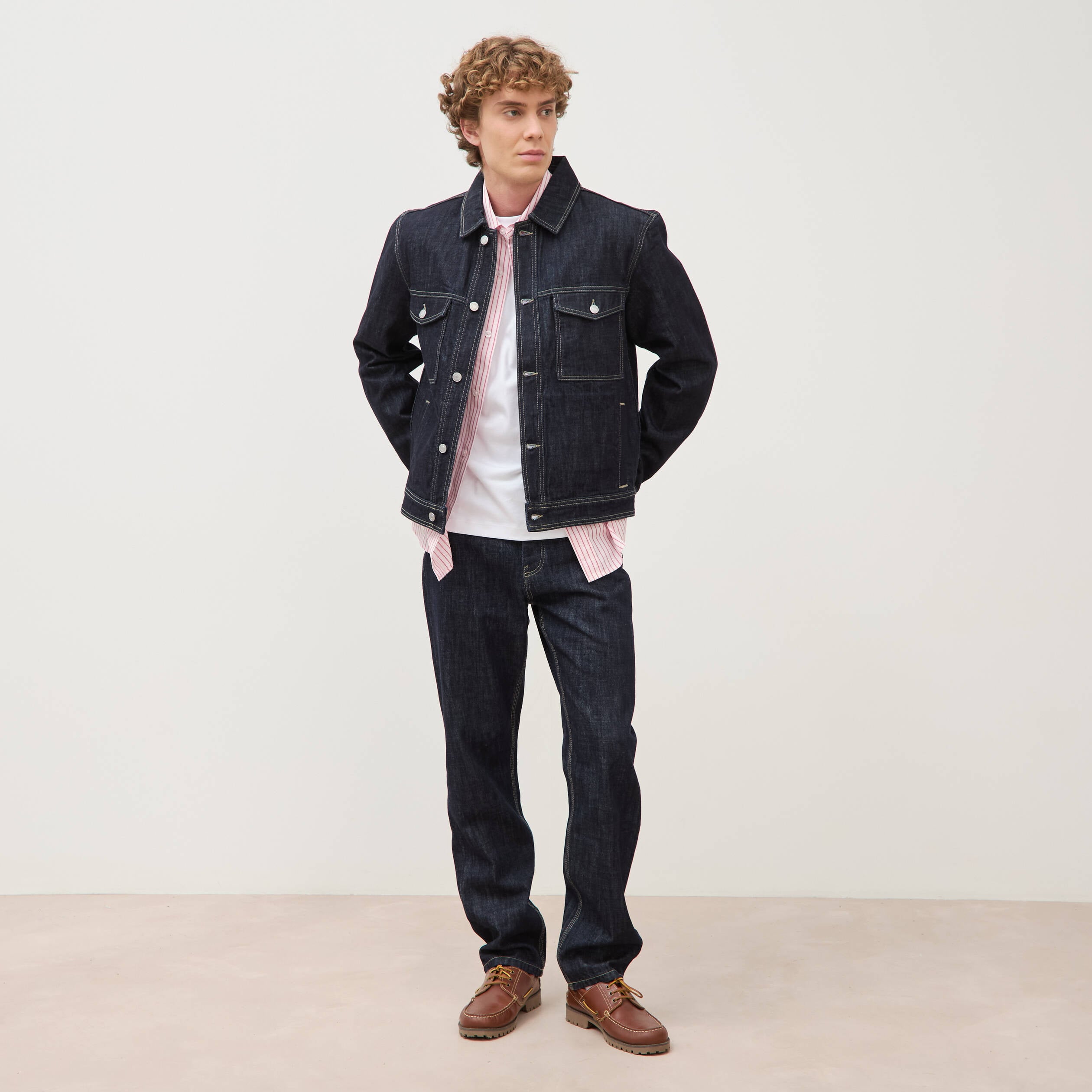 Veste droite en coton col classique denim brut rinse homme