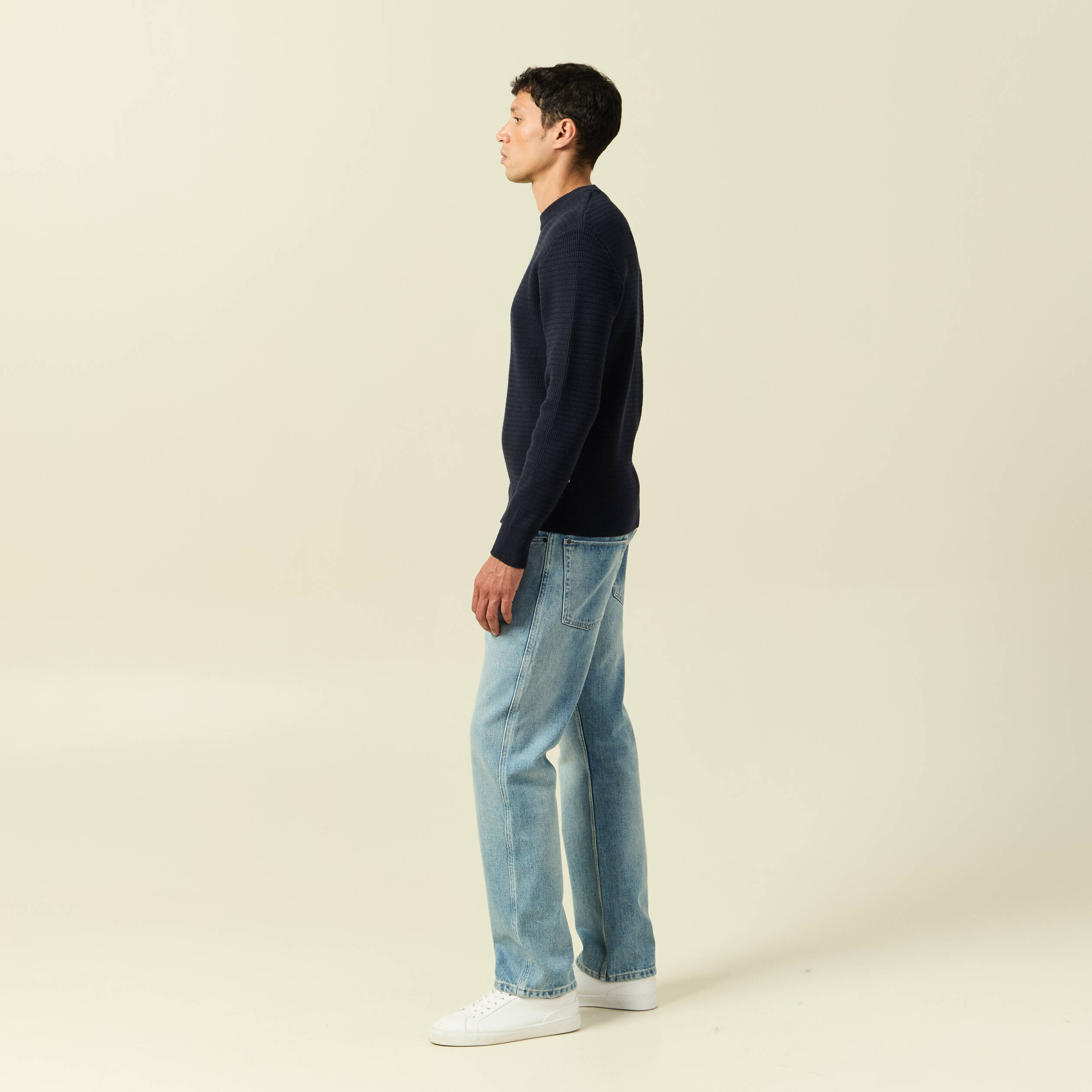 Pull col rond manches longues bleu marine homme