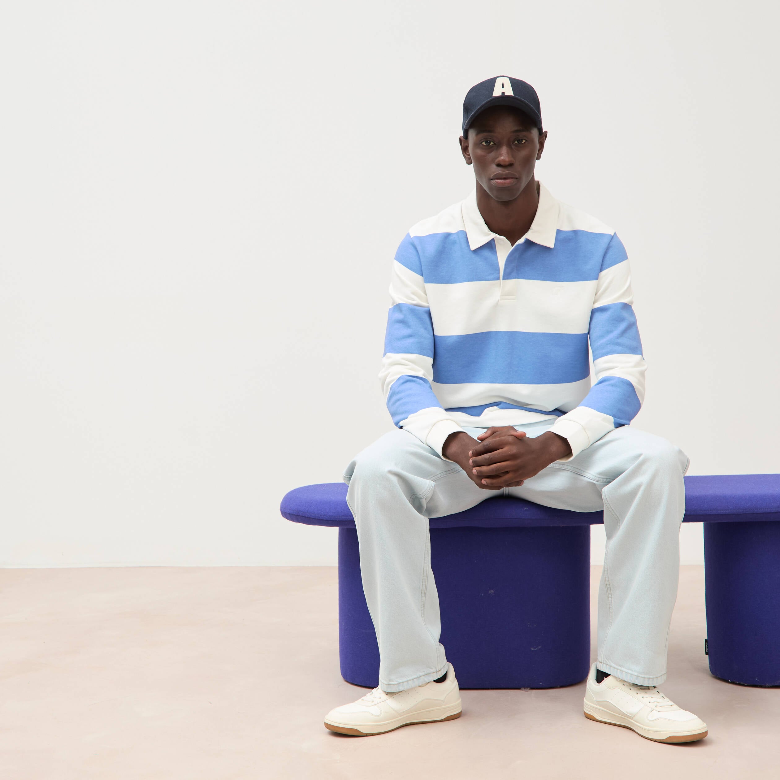 Polo manches longues broderie bleu violet homme