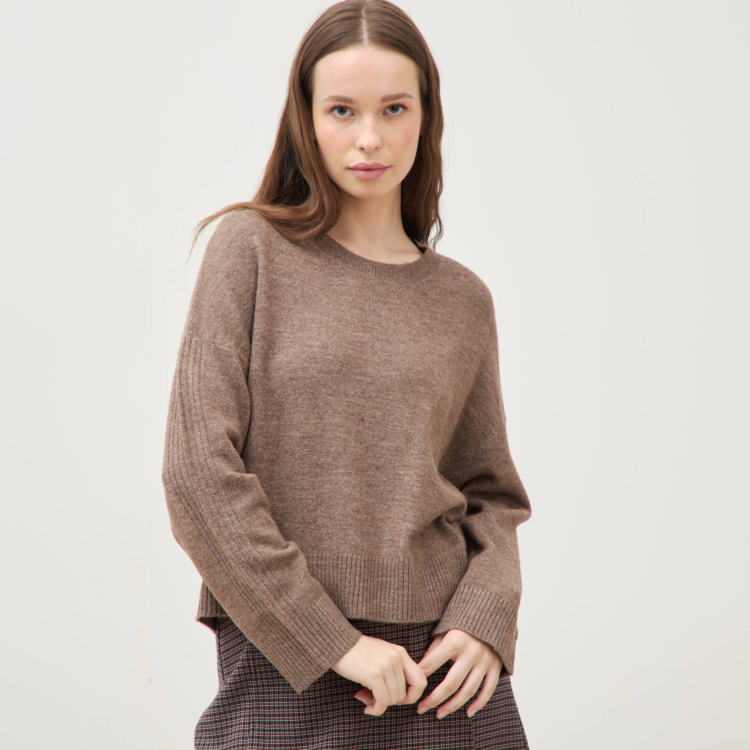 Pull col rond manches longues marron femme