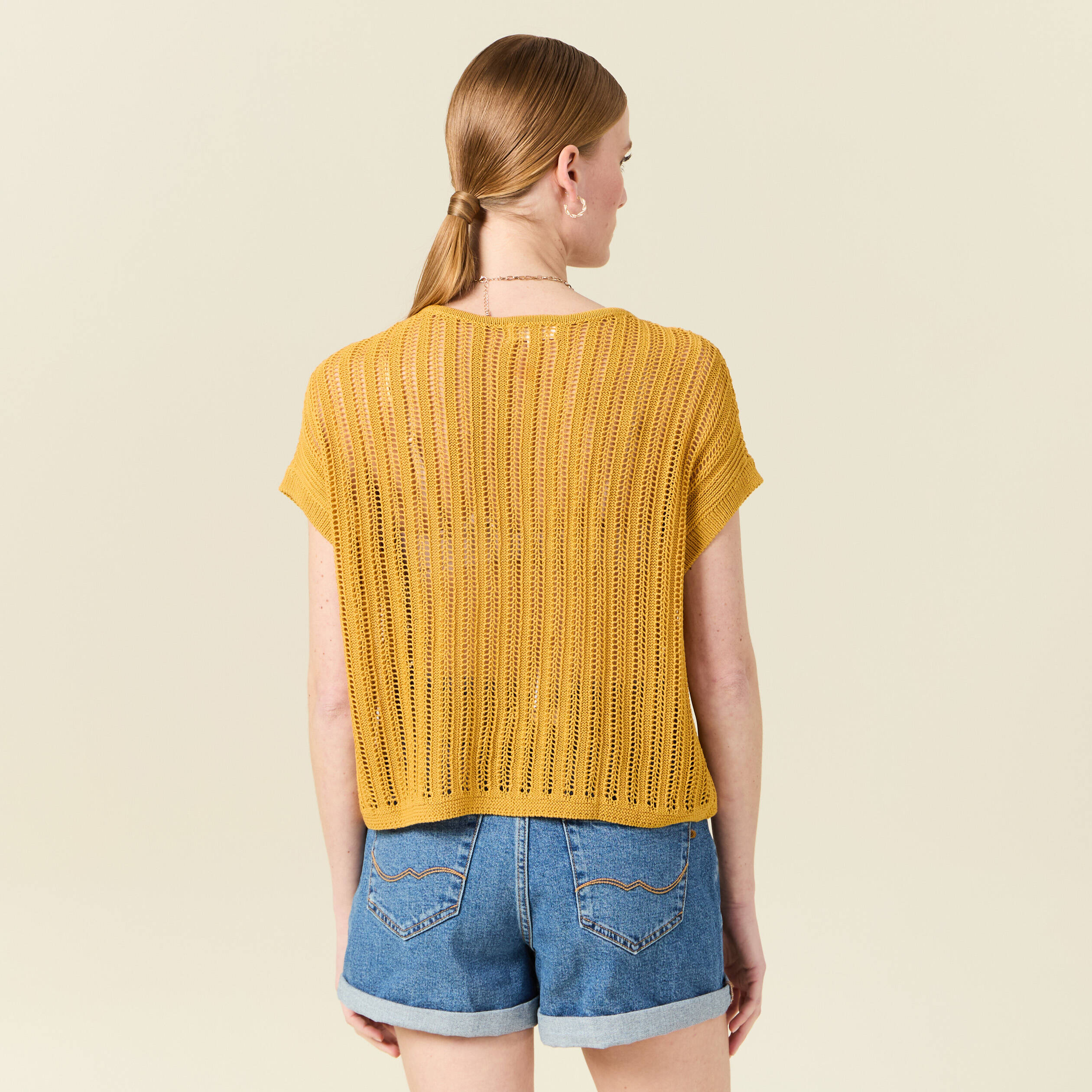 Pull oversize ajour&eacute; col bateau jaune femme