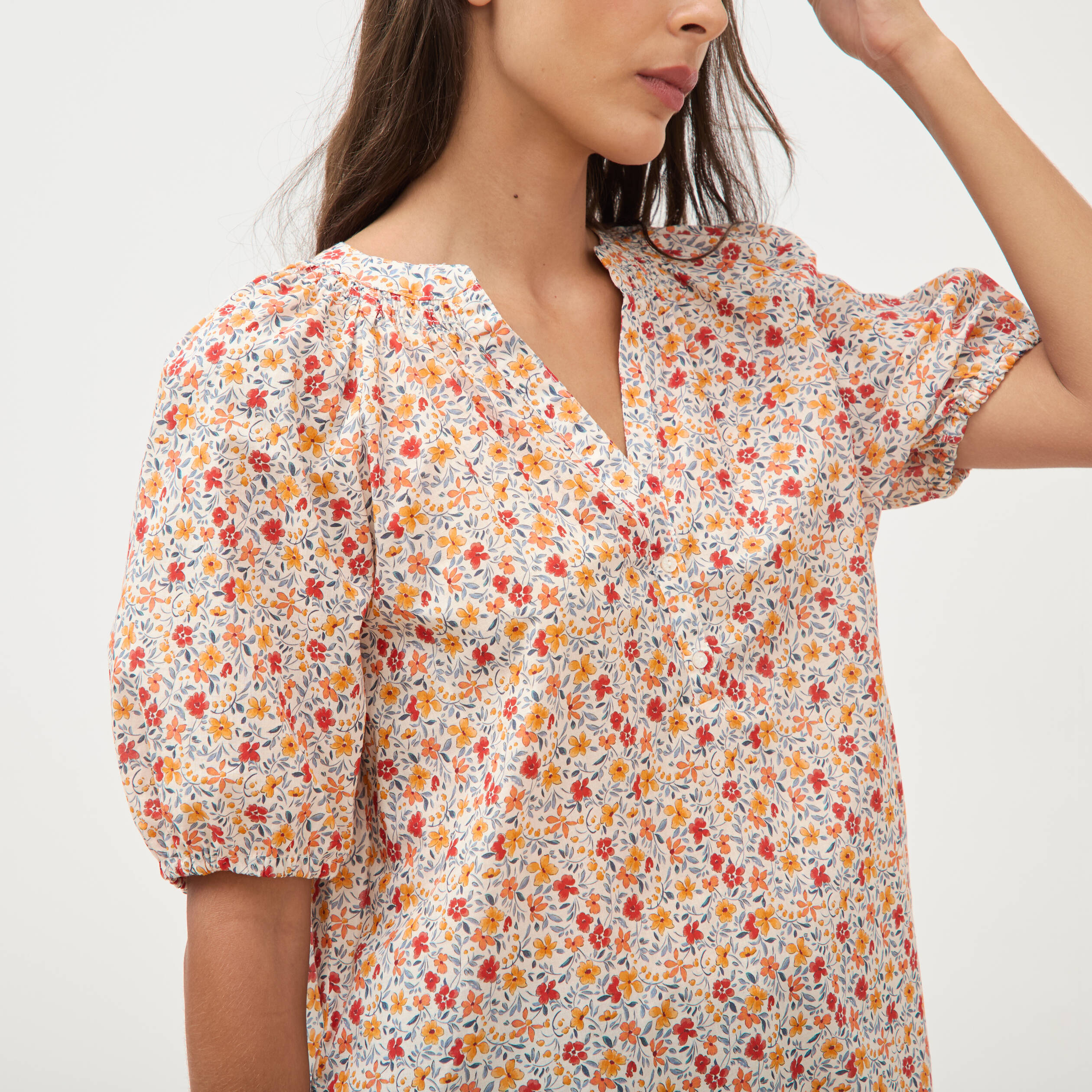 Blouse droite en coton manches courtes orange fonc&eacute; femme