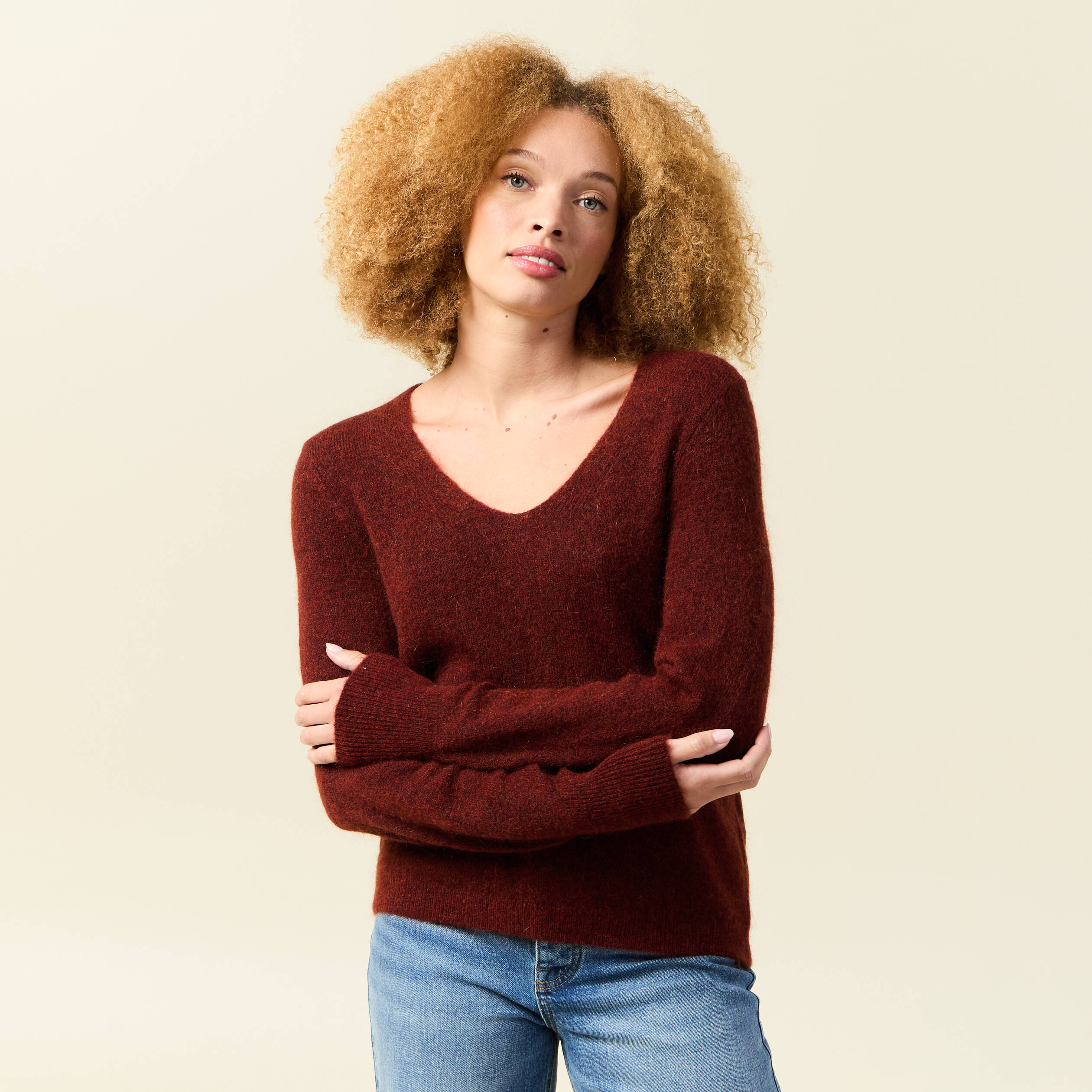 Pull col V manches longues orange foncé femme Bonobo