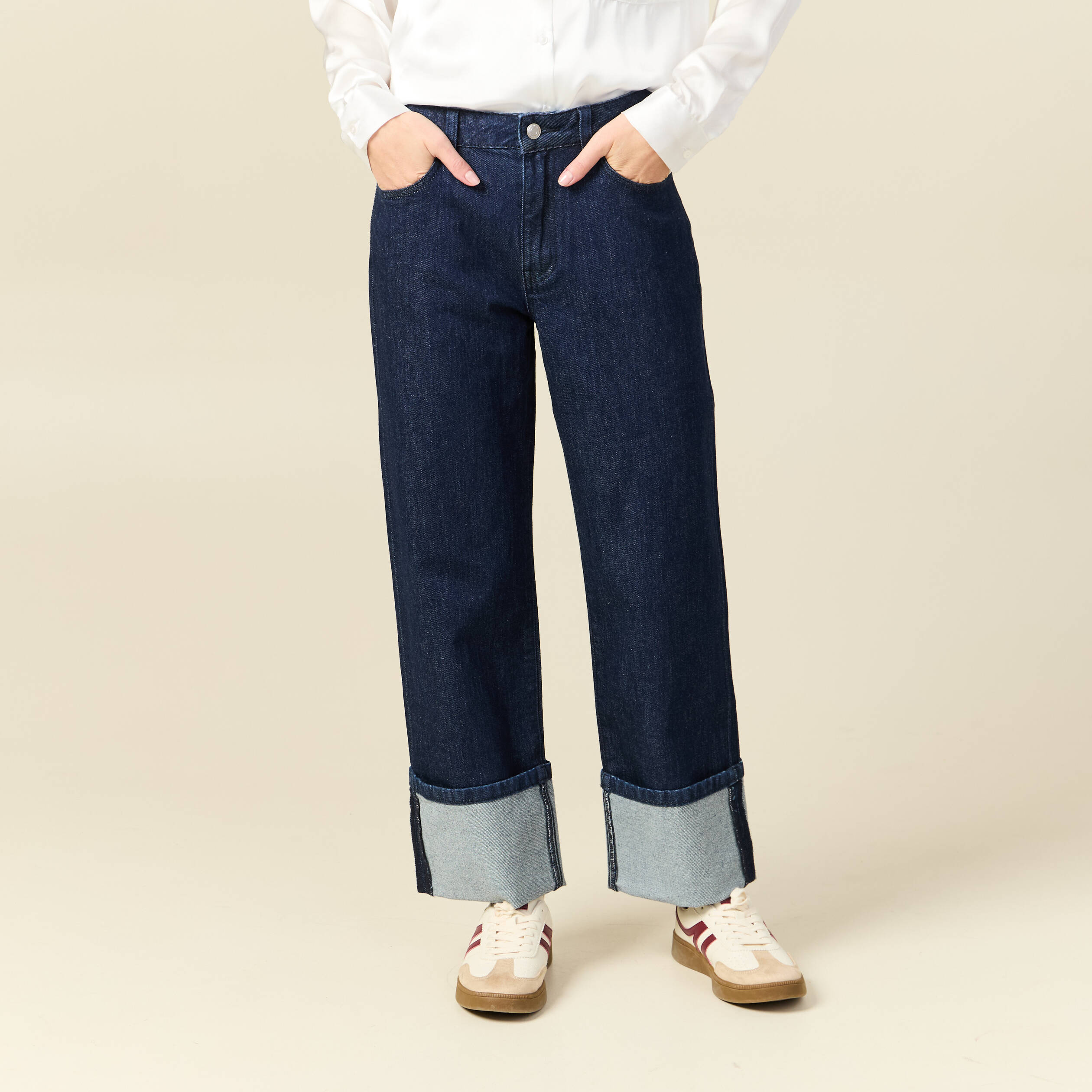 Jeans large taille haute 3/4 denim brut rinse femme