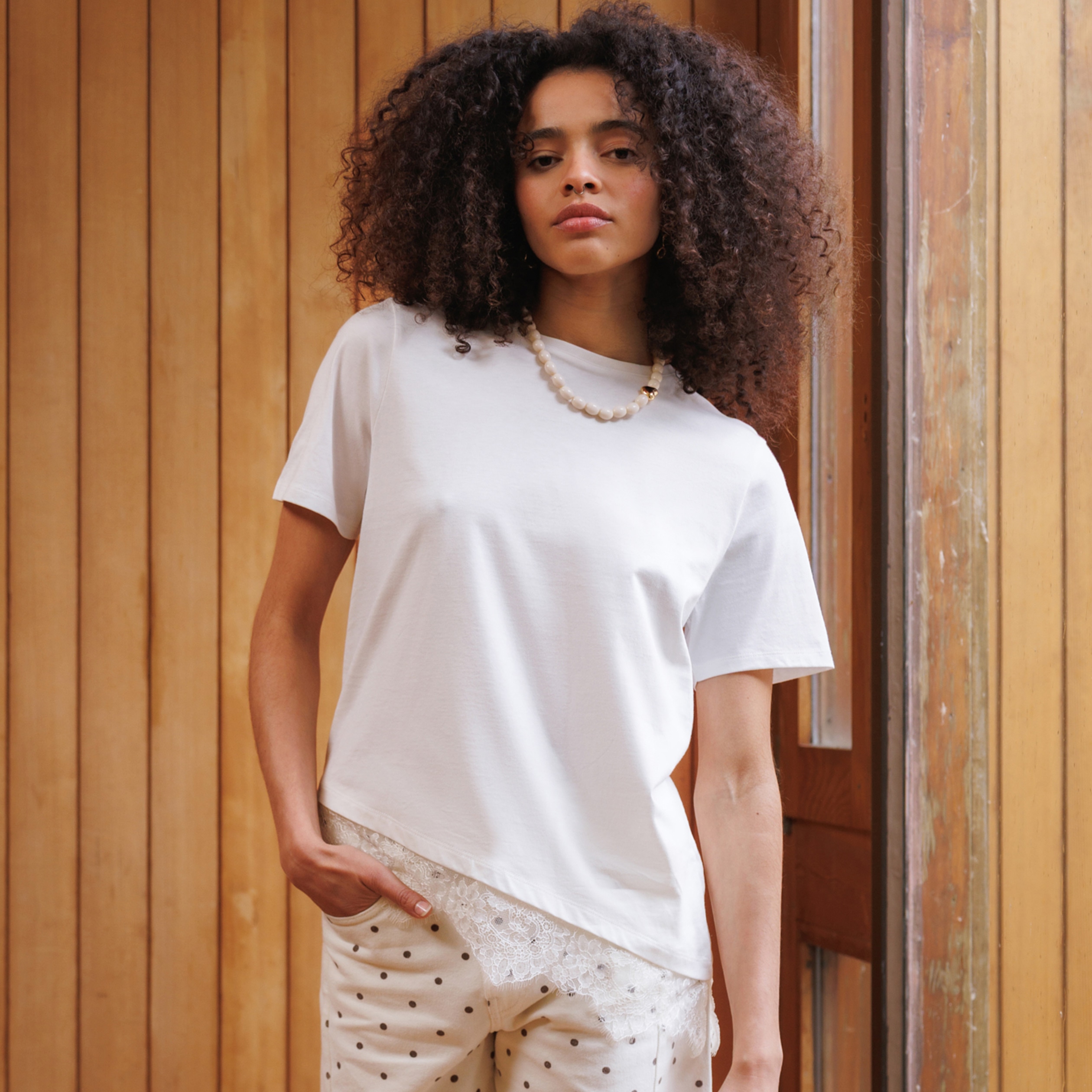 T-shirt droit col rond avec dentelle ecru femme