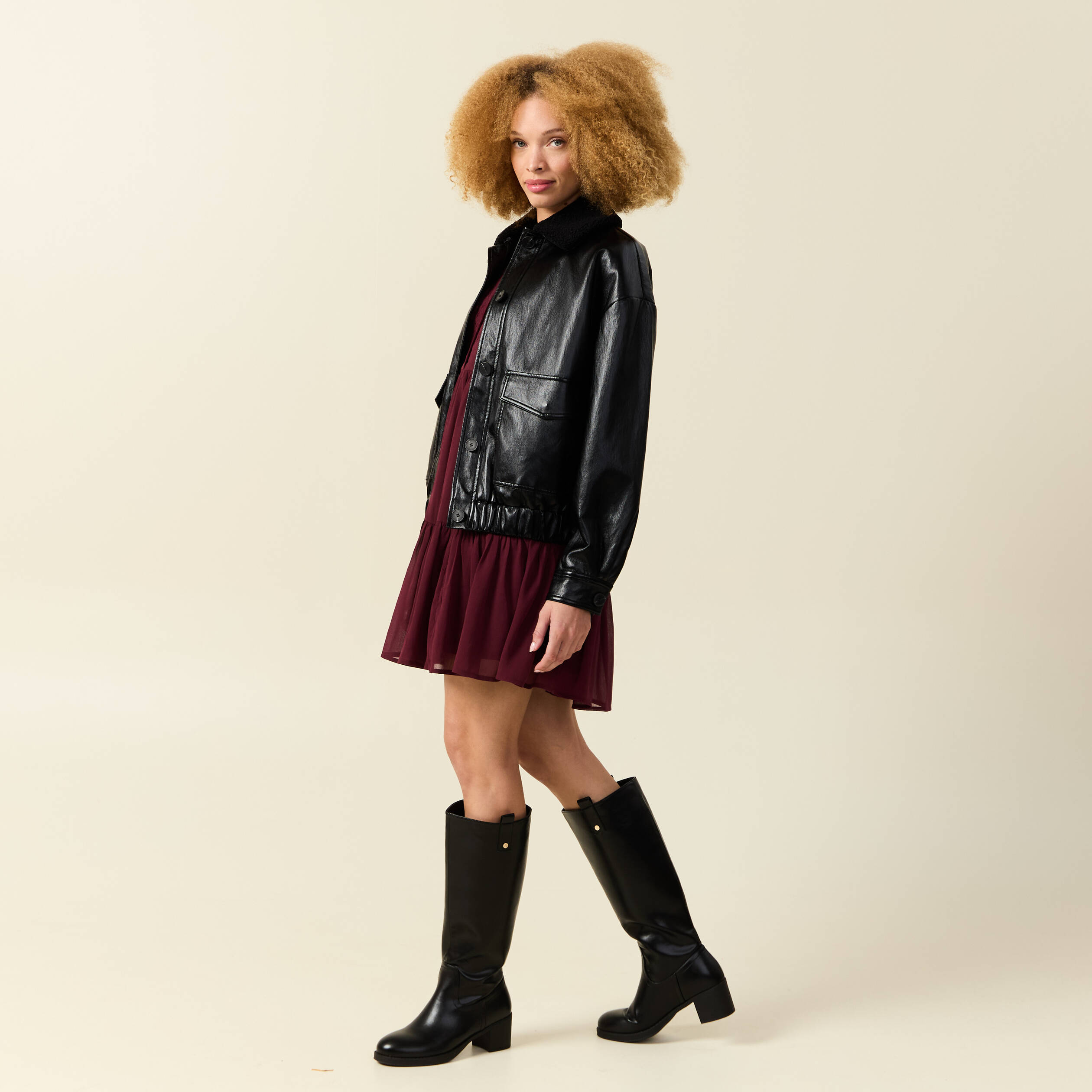Veste oversize manches longues doubl&eacute;e noir femme