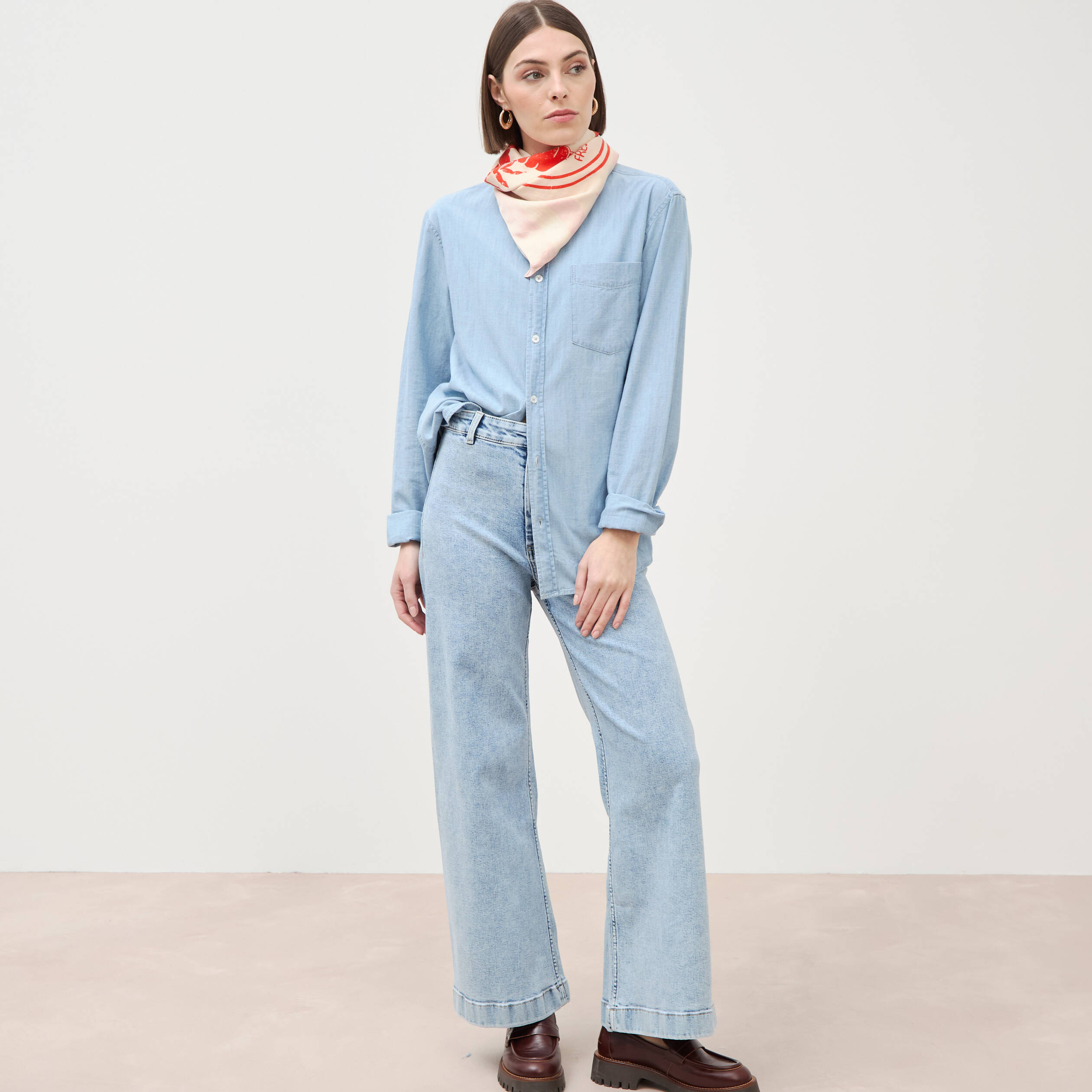 Jeans large taille haute denim bleach femme