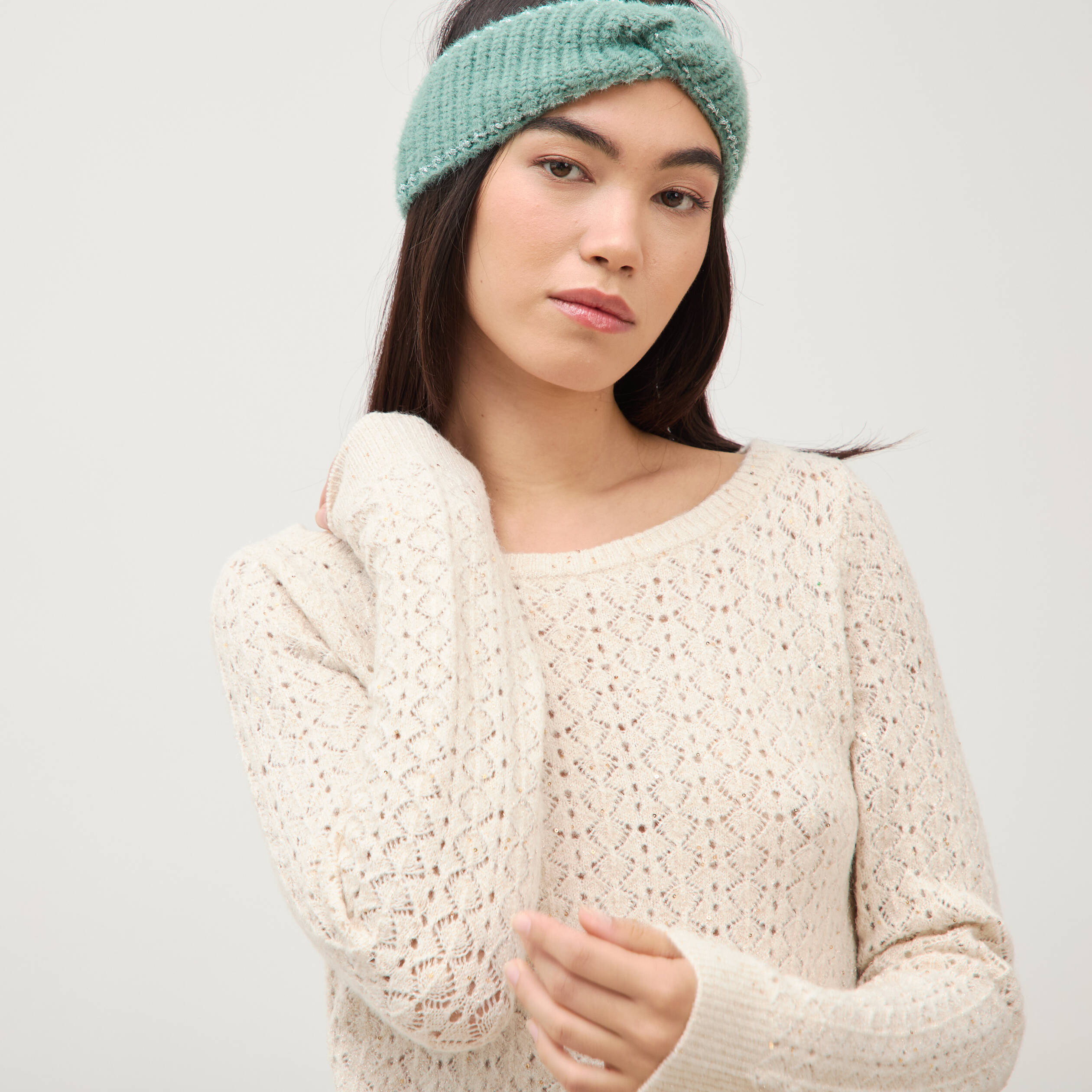 Pull manches longues col bateau creme femme