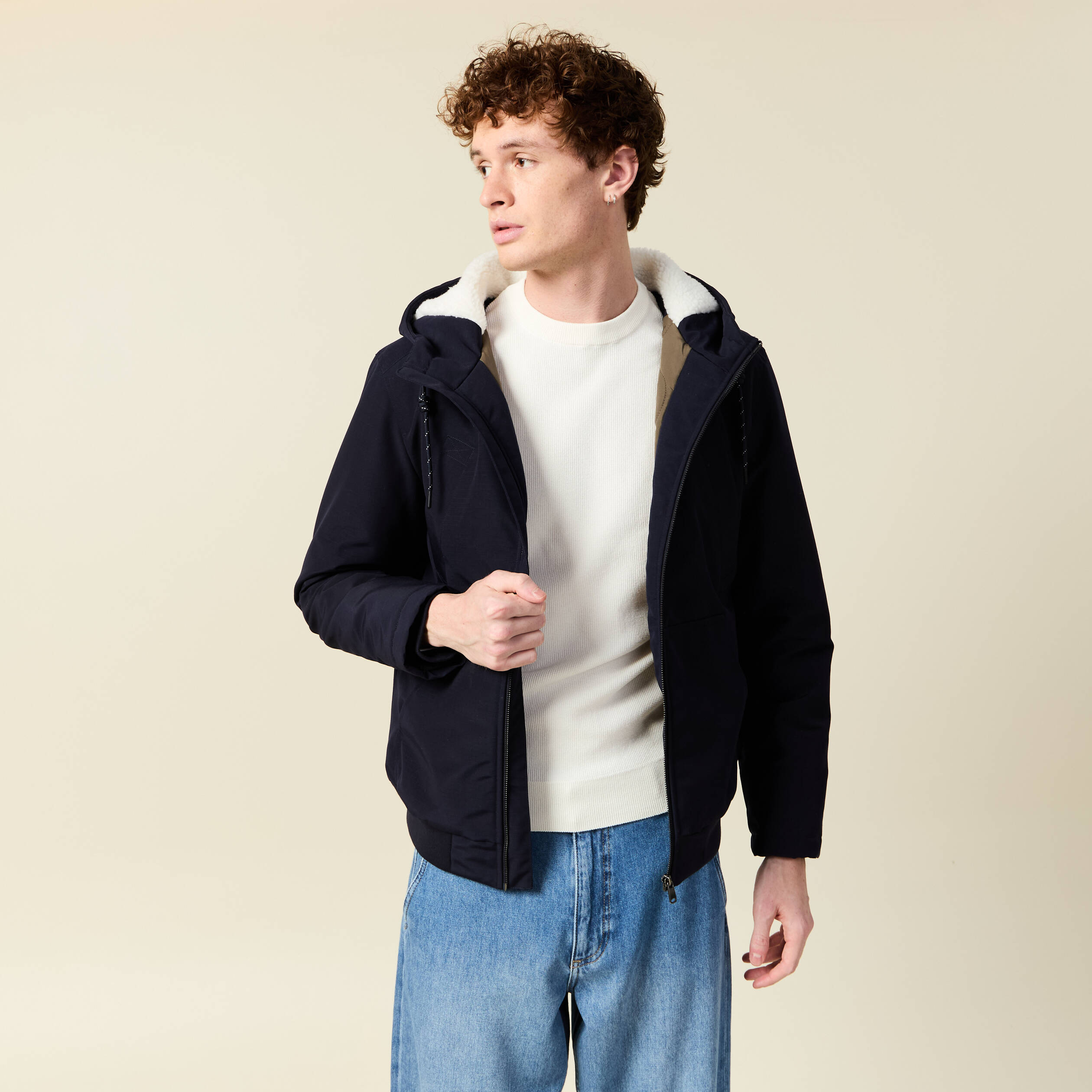 Parka courte &agrave; capuche bleu fonc&eacute; homme