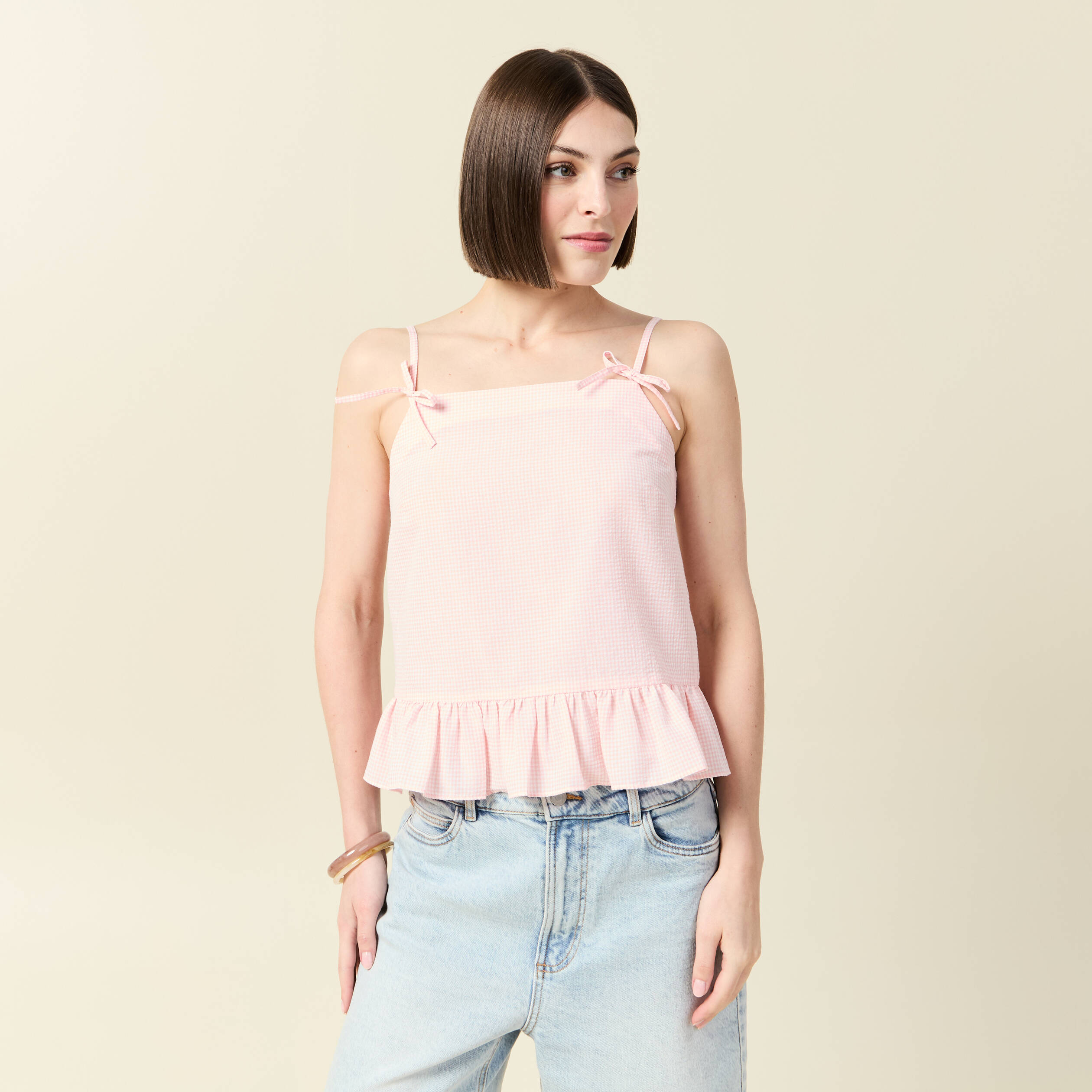 debardeur droit court col carre rose clair femme Débardeur droit court col carré rose clair femme