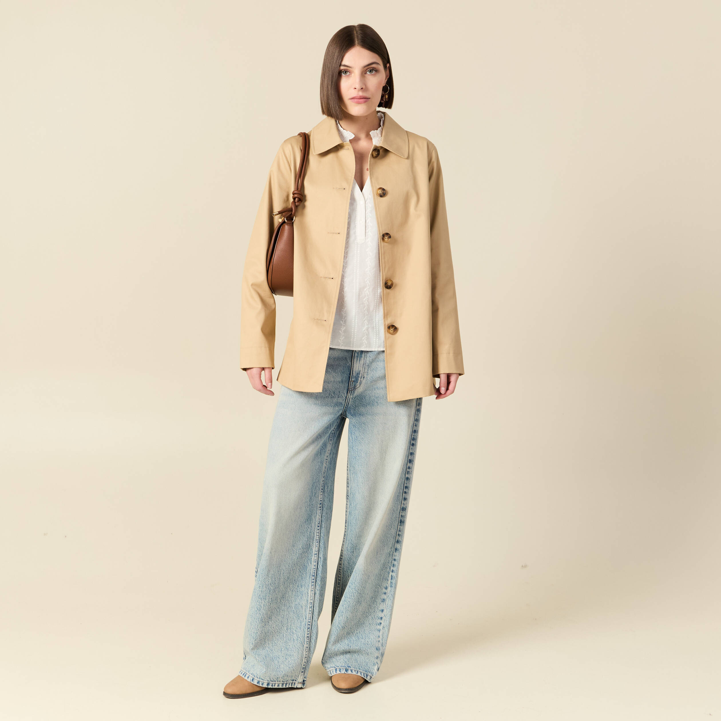 Blouse col mao manches longues en coton ecru femme