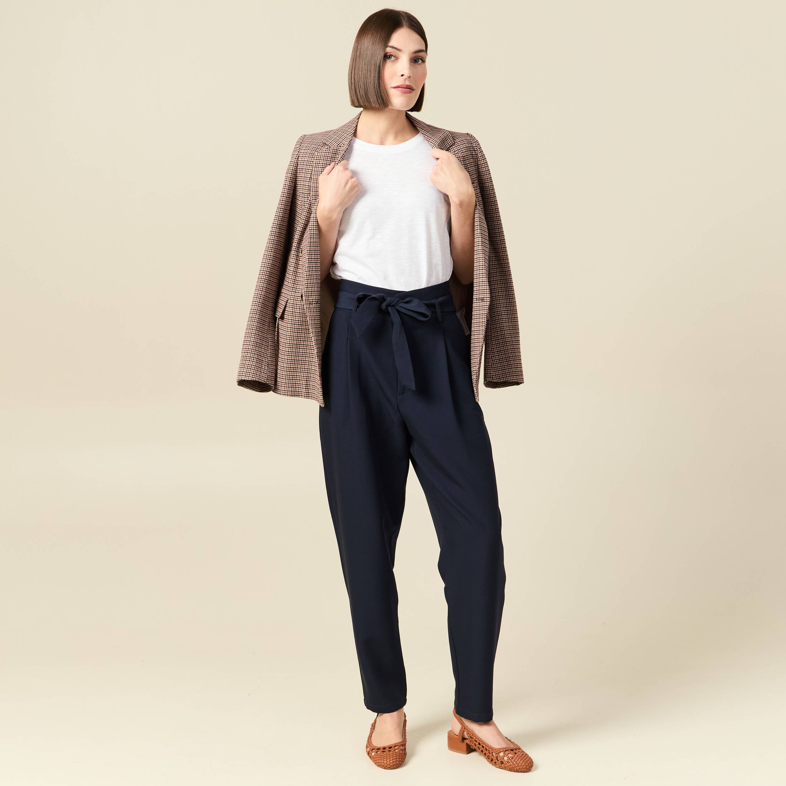 Pantalon carotte taille haute bleu marine femme
