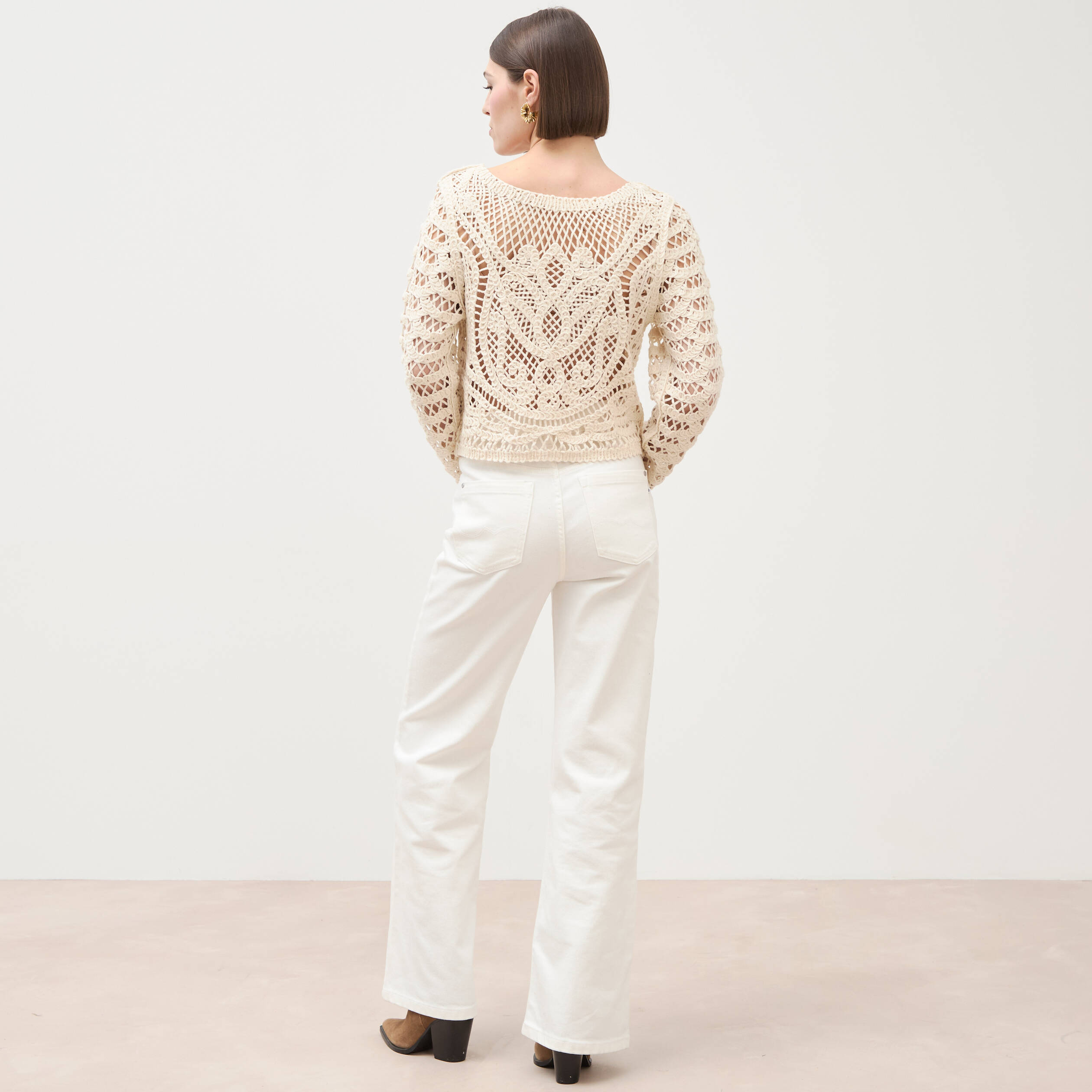 Cardigan droit court manches longues ecru femme