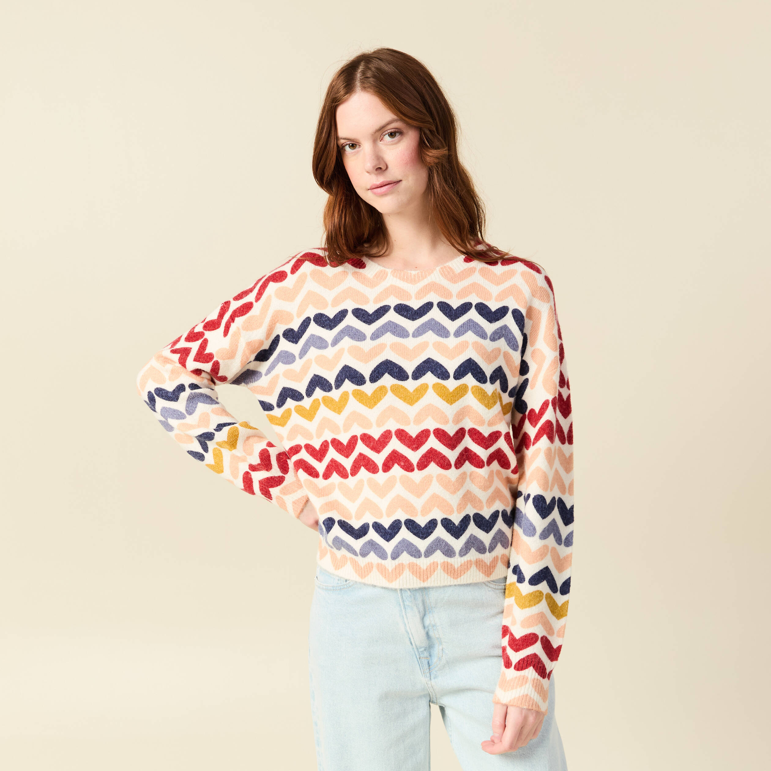 Pull col rond manches longues ecru femme