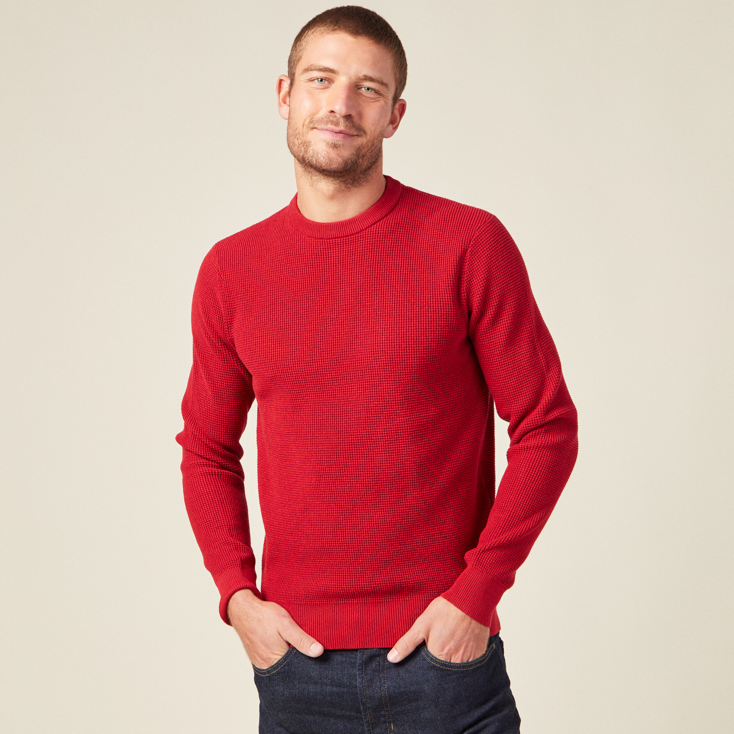 Pull manches longues col rond rouge foncé homme