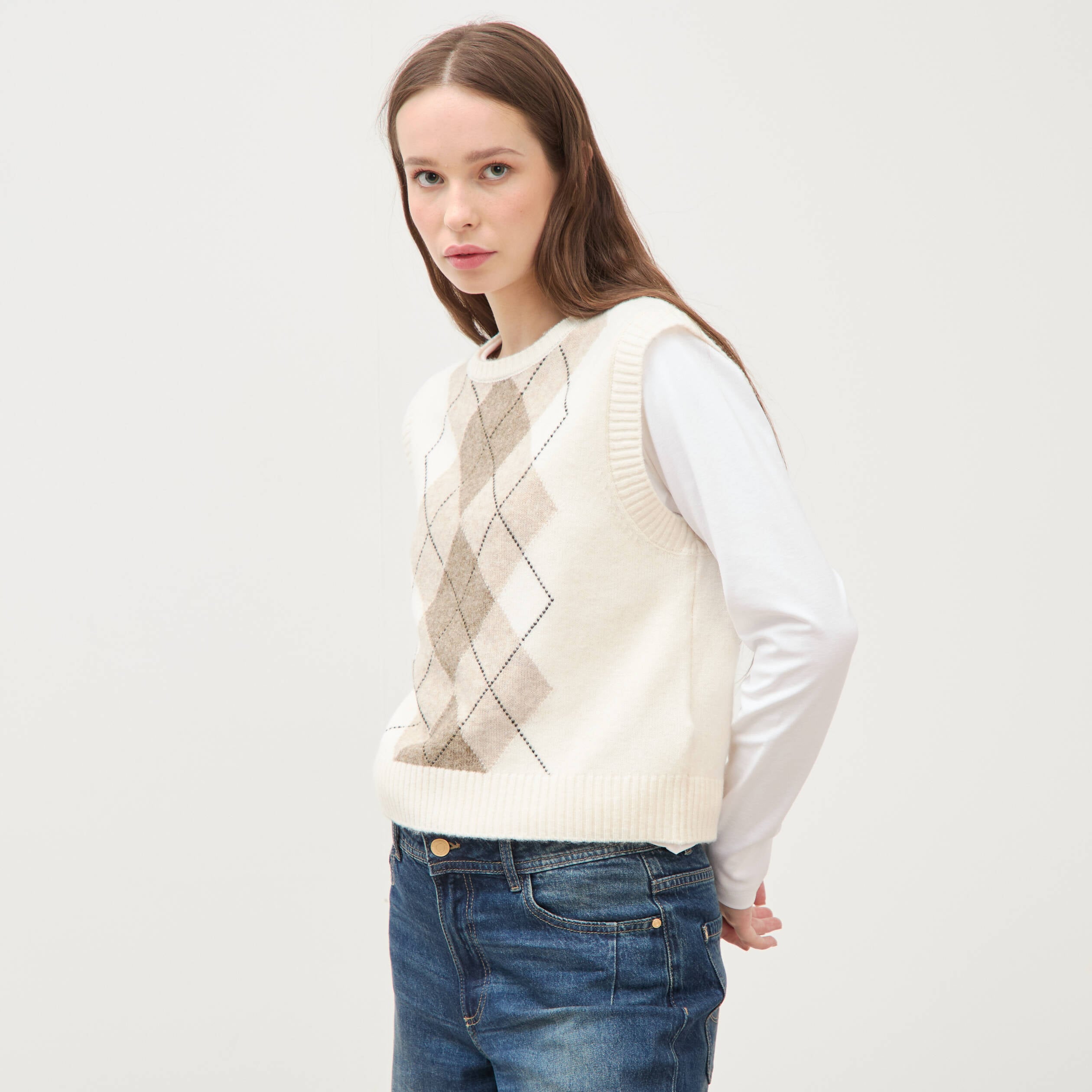 Pull sans manches col rond ecru femme