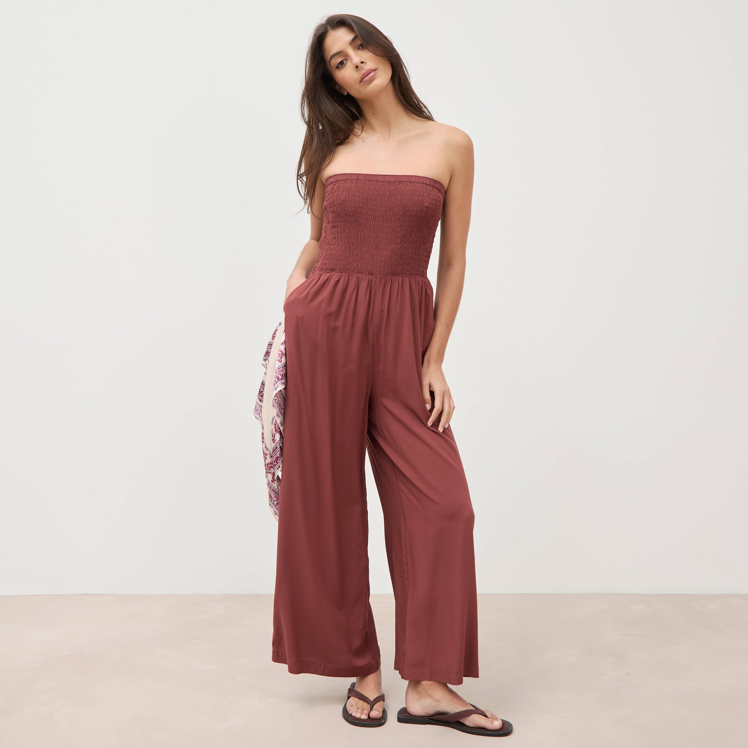 Combinaison bustier sans manches marron cognac femme