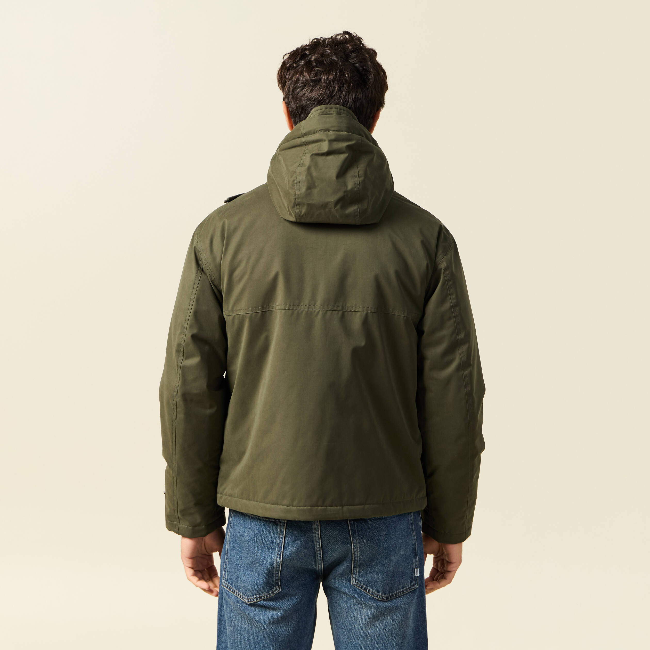 Parka droite courte &agrave; capuche vert kaki homme