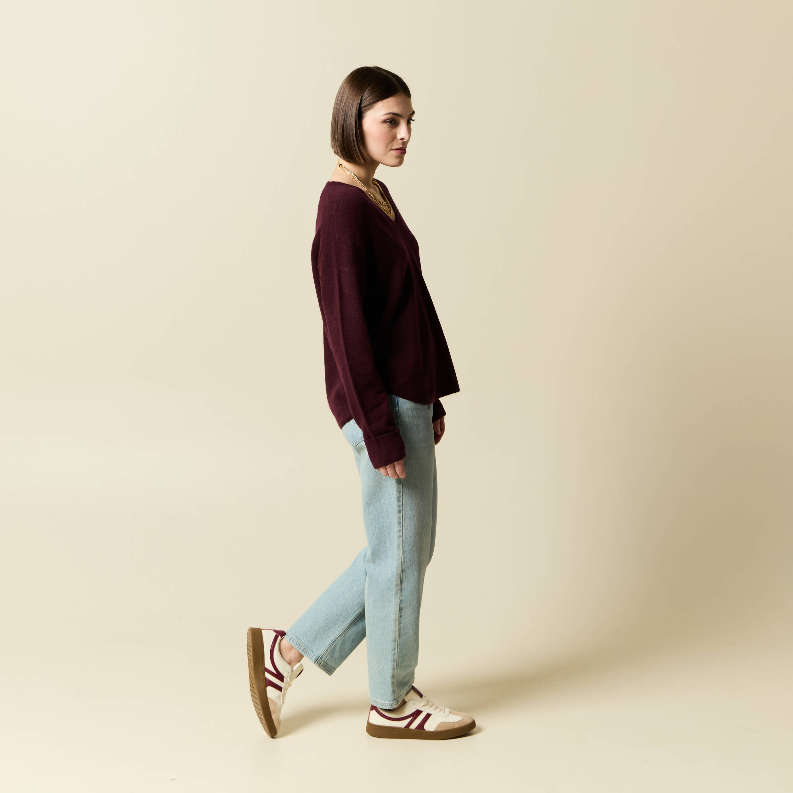 pull manches longues col en v prune femme Pull manches longues col en V prune femme