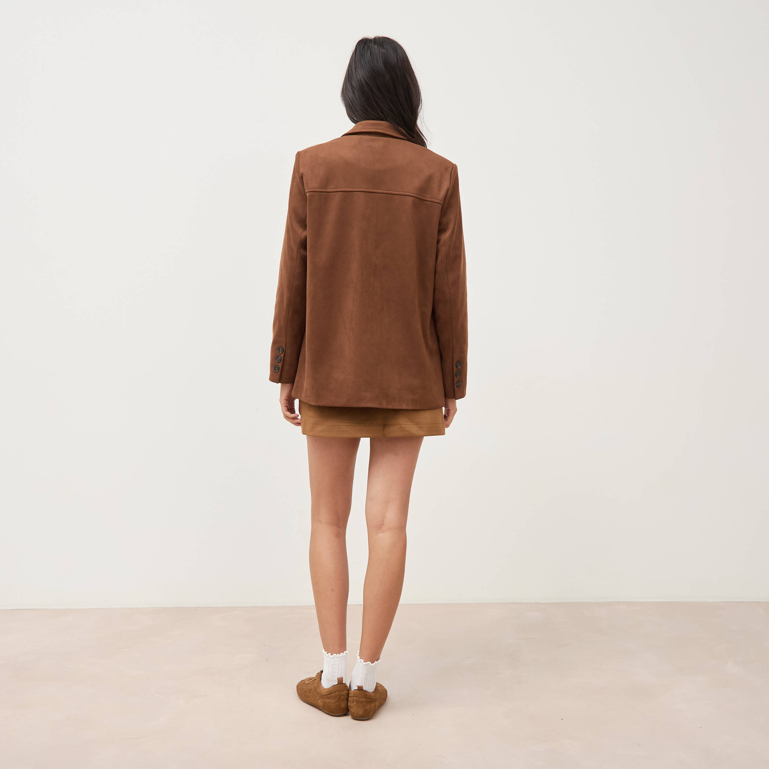 Blazer col tailleur manches longues marron fonc&eacute; femme
