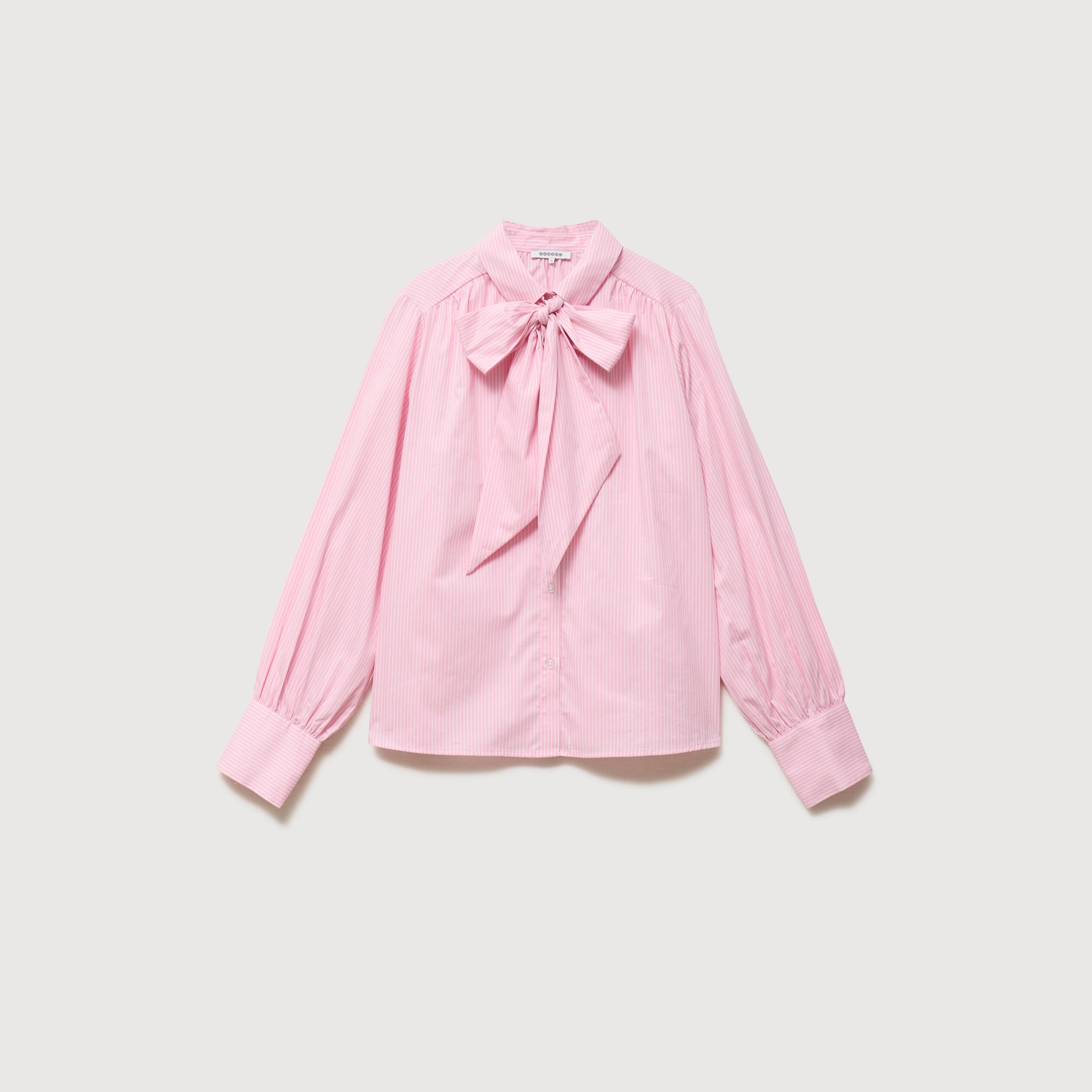 Chemise droite col noeud manches longues rose poudr&eacute;e femme