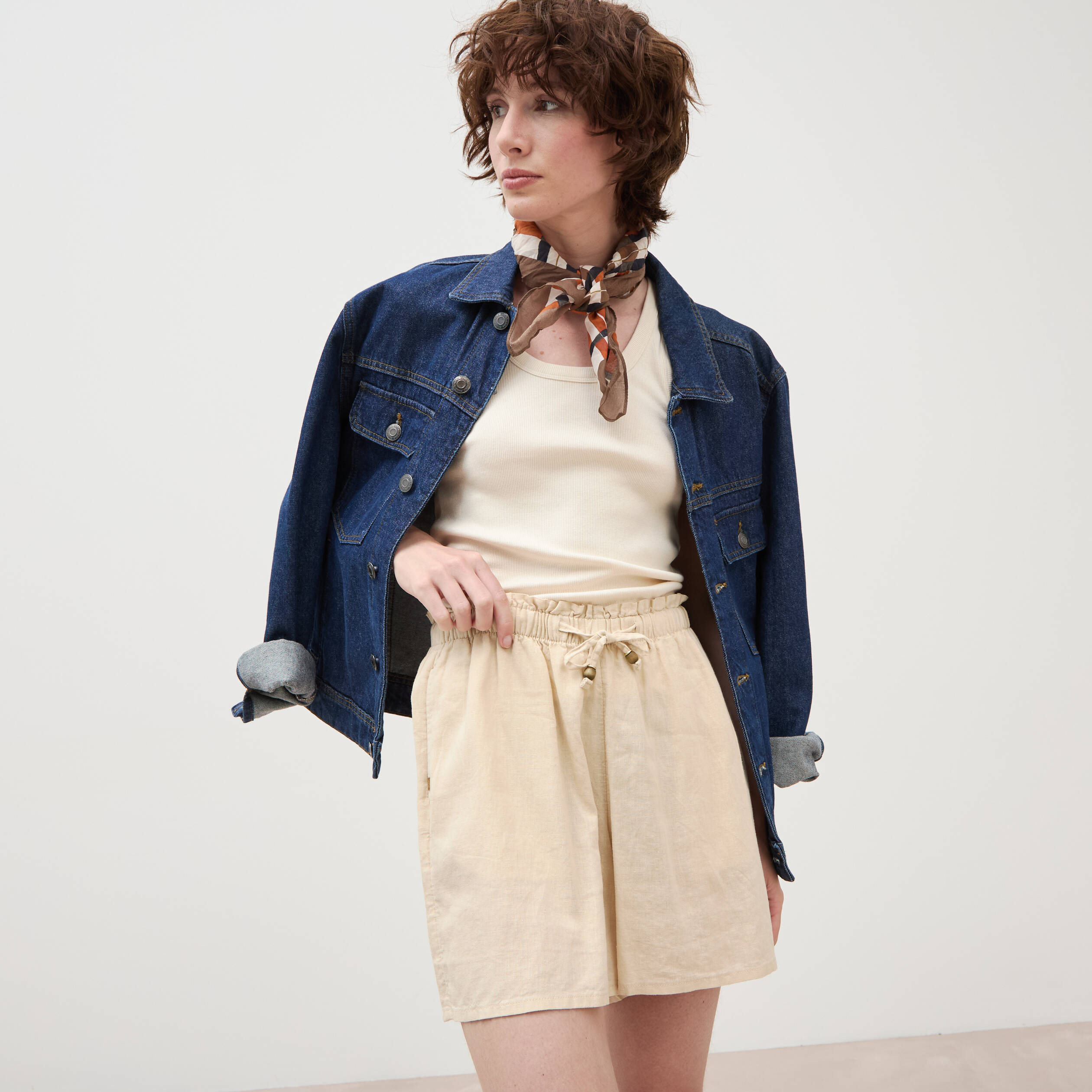 Short taille haute creme femme