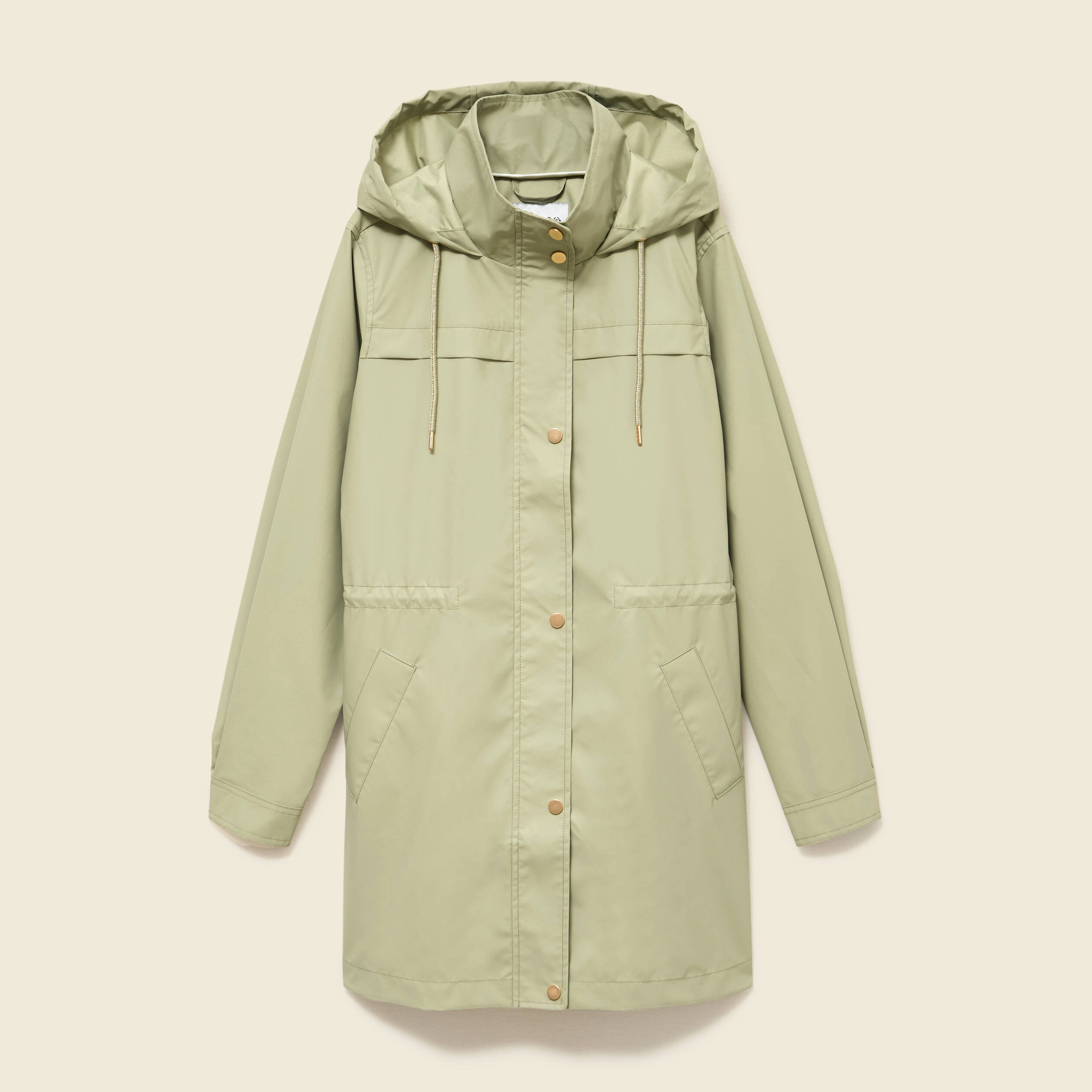 Parka longue droite d&eacute;perlante &agrave; capuche vert kaki femme