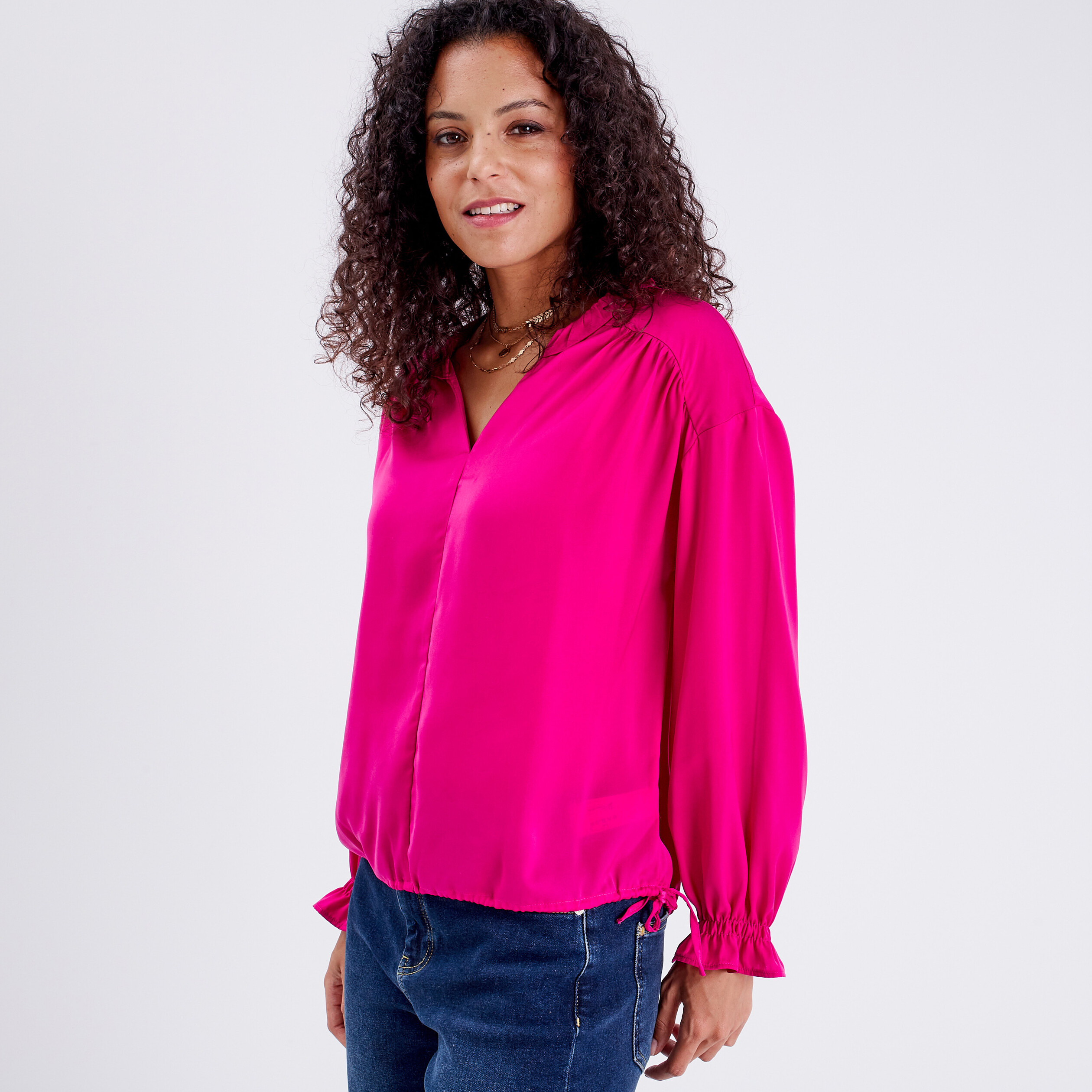 Blouse manches longues satinée rose fushia femme