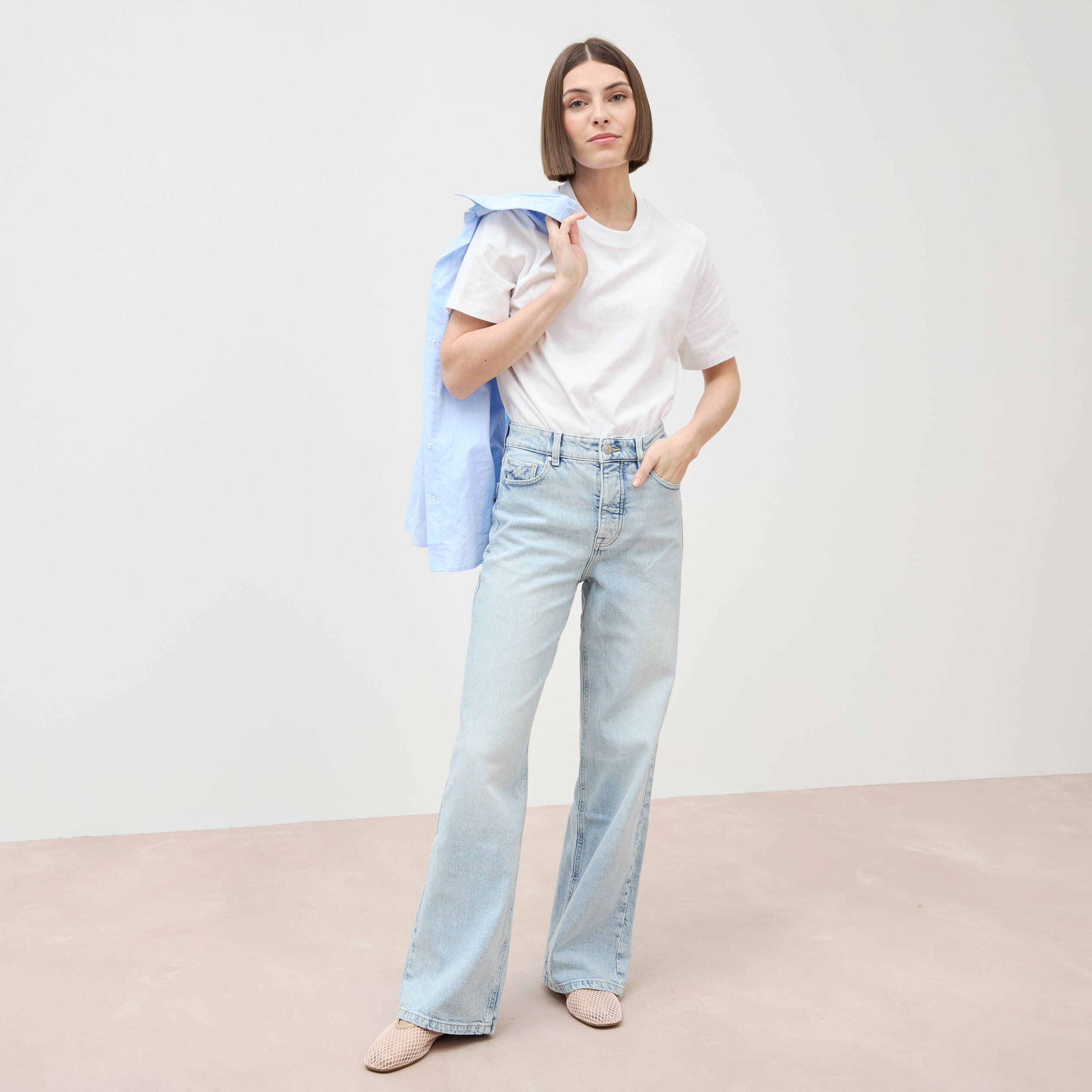 Jeans large taille haute denim bleach femme