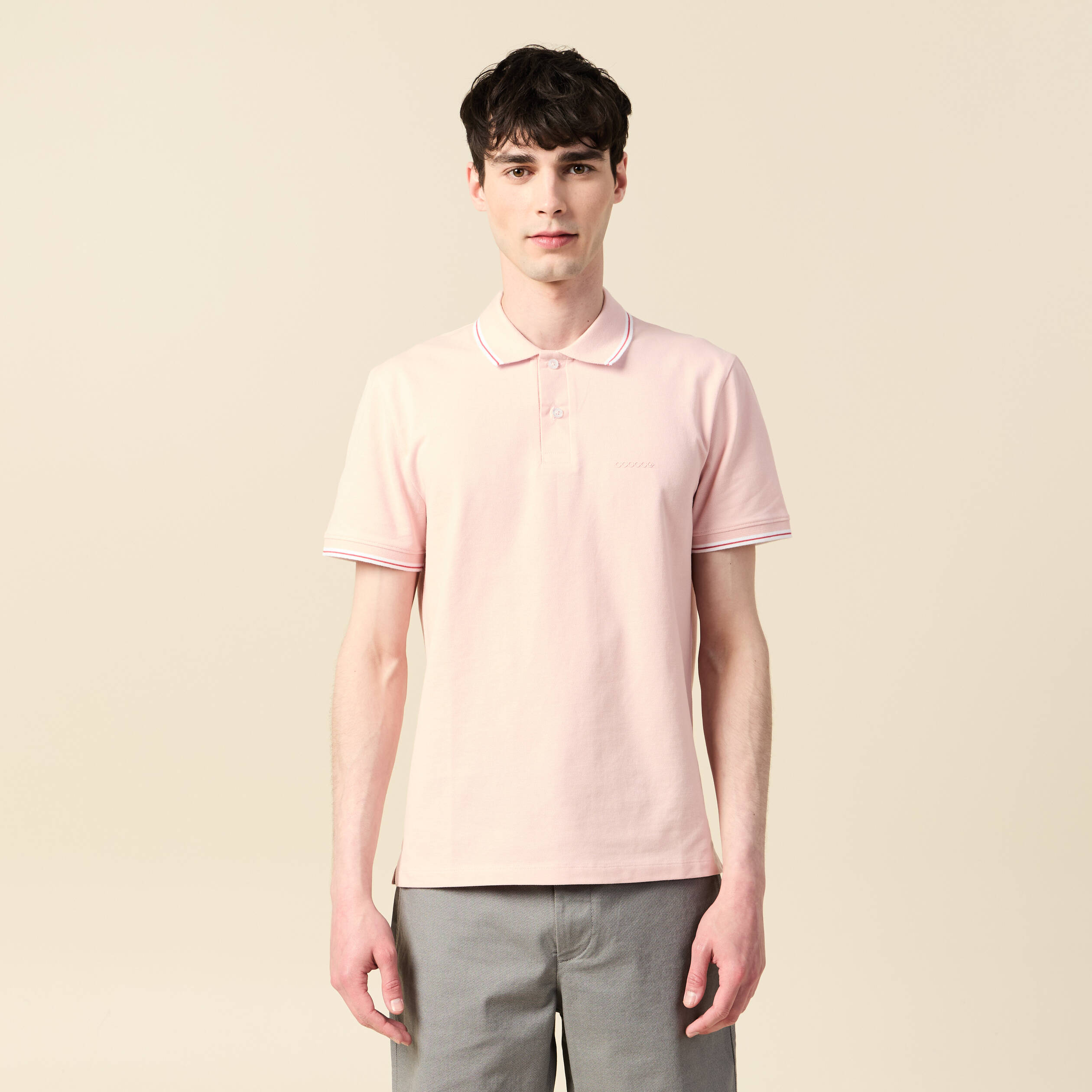 Polo cintr&eacute; en coton manches courtes rose clair homme