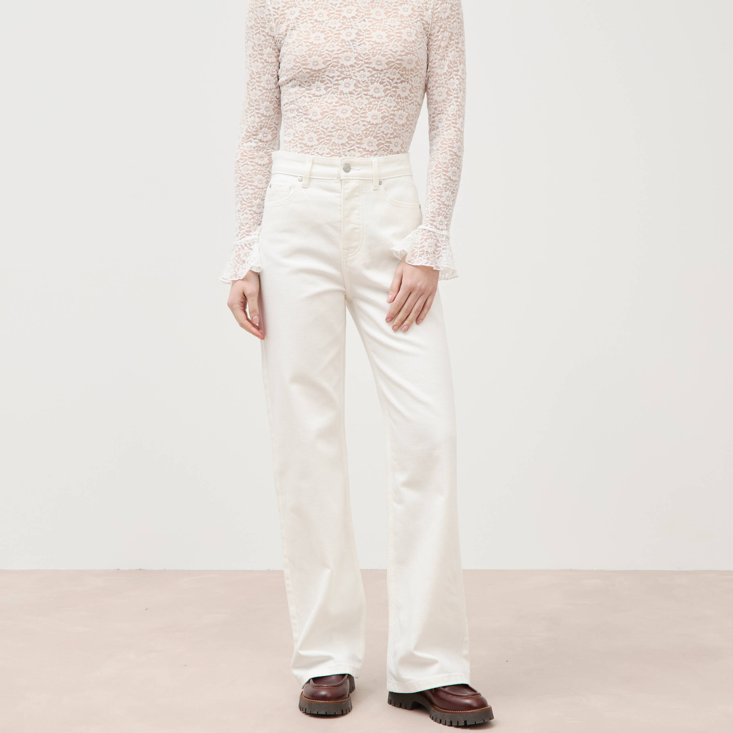 Jeans large taille haute denim blanc femme