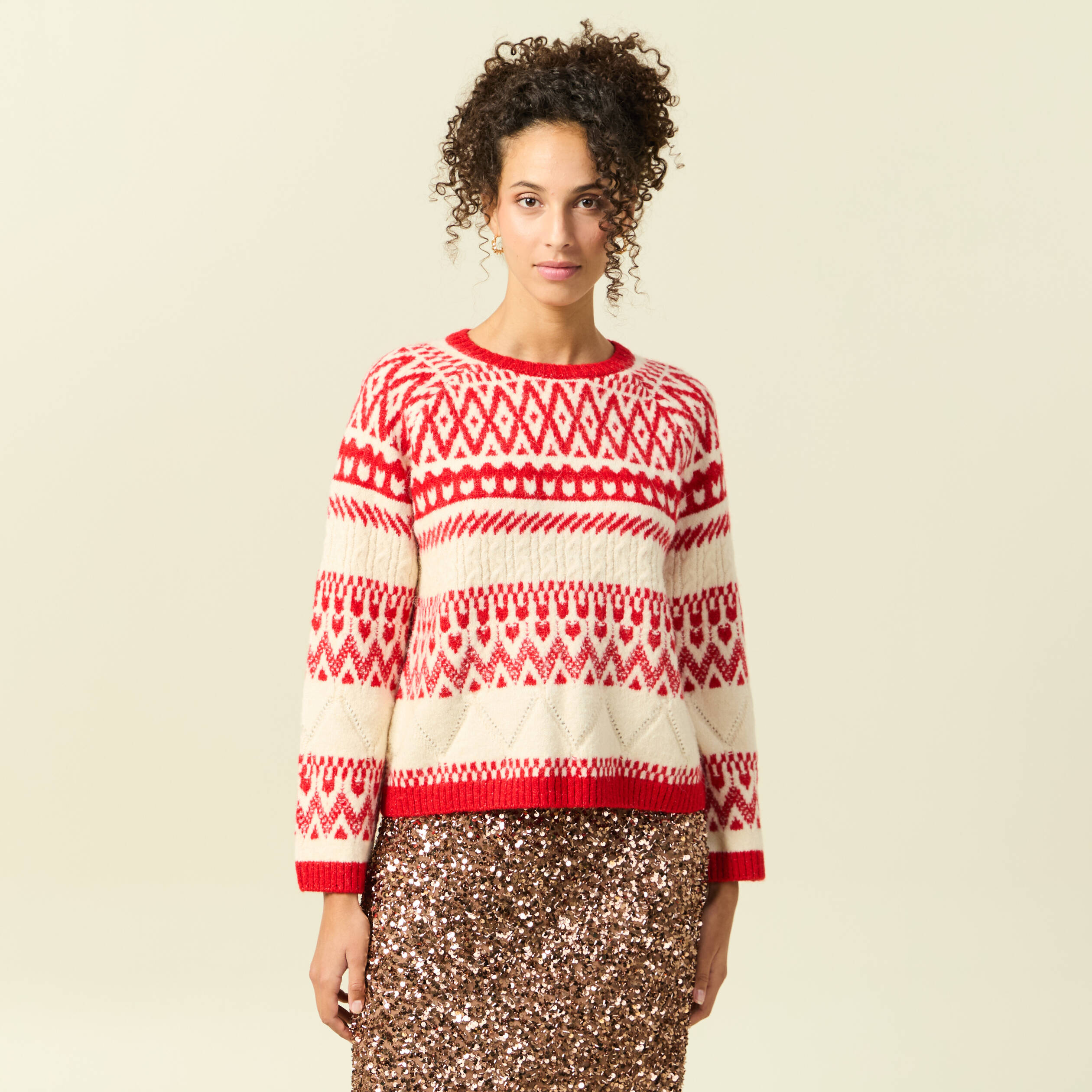 Pull manches longues col rond rouge femme