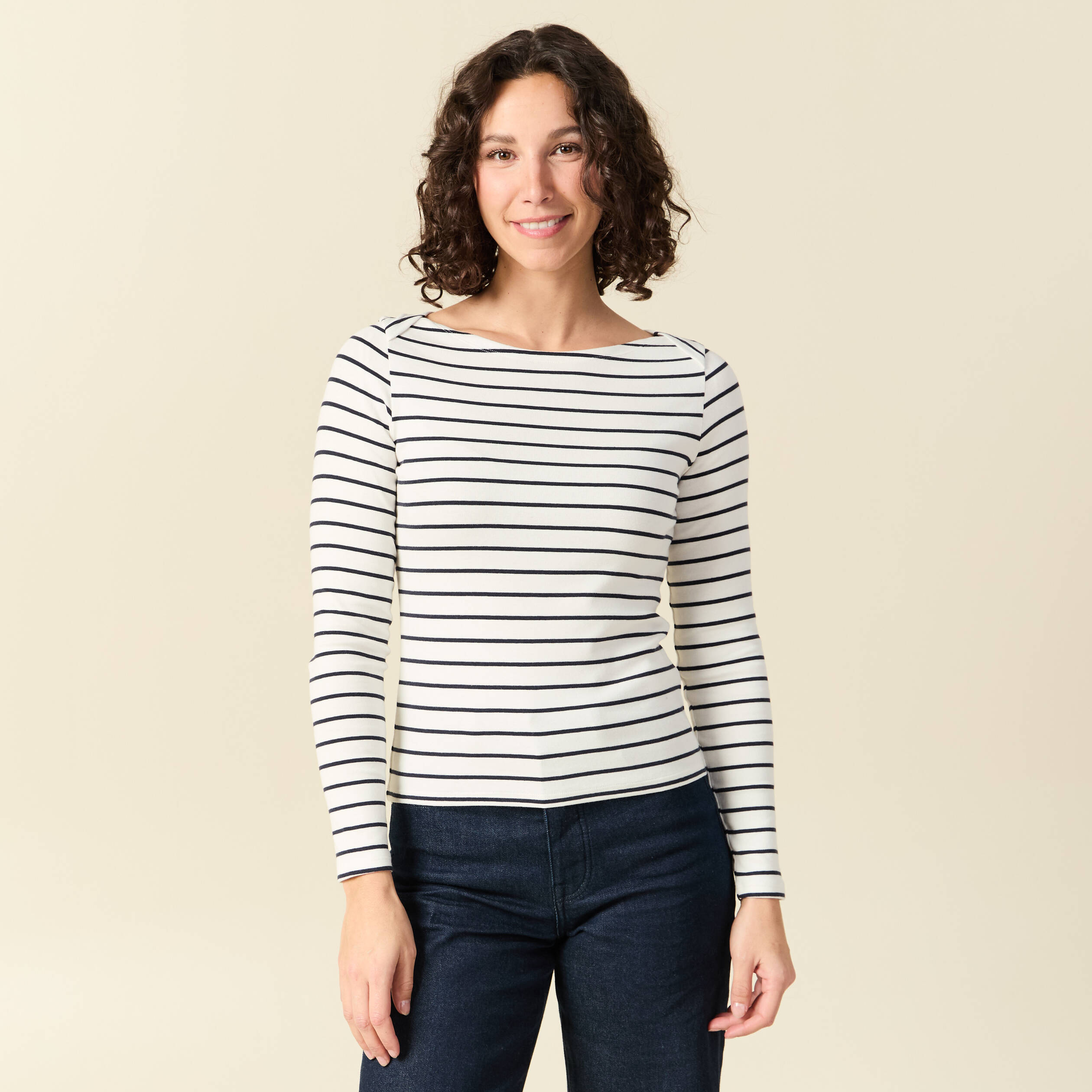 T-shirt ray&eacute; ajust&eacute; manches longues bleu femme