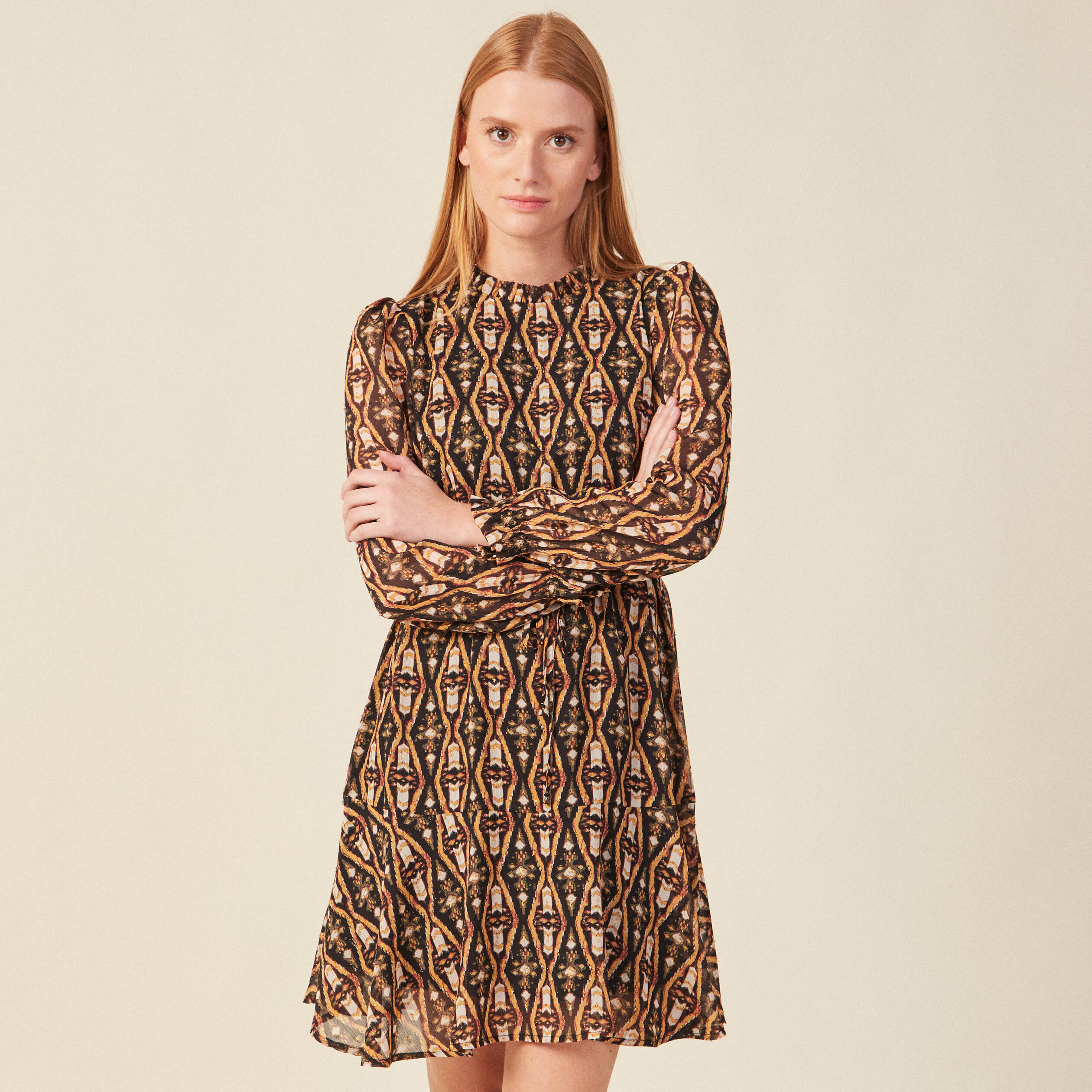 Robe trapèze col montant camel femme