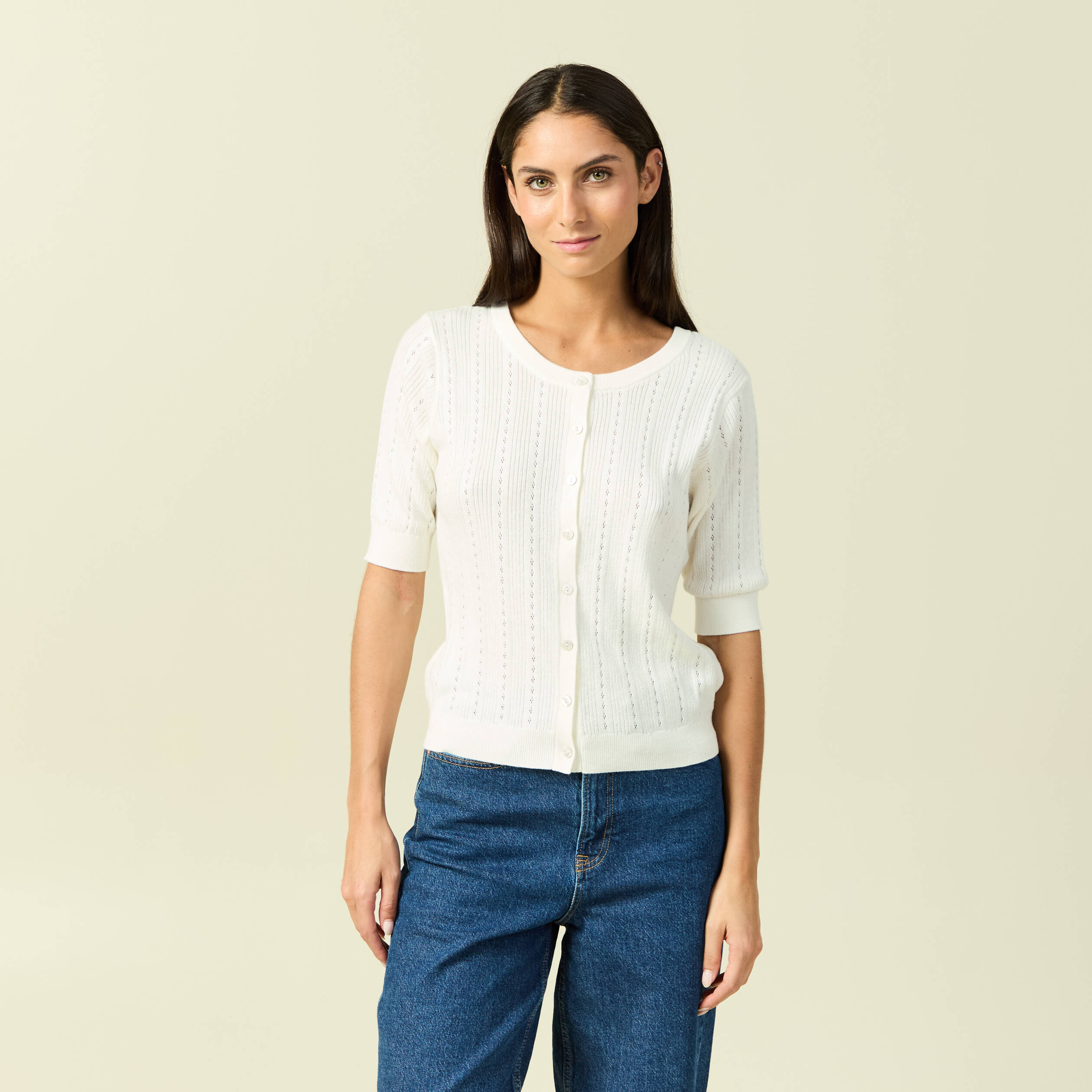Gilet manches coude col rond ecru femme