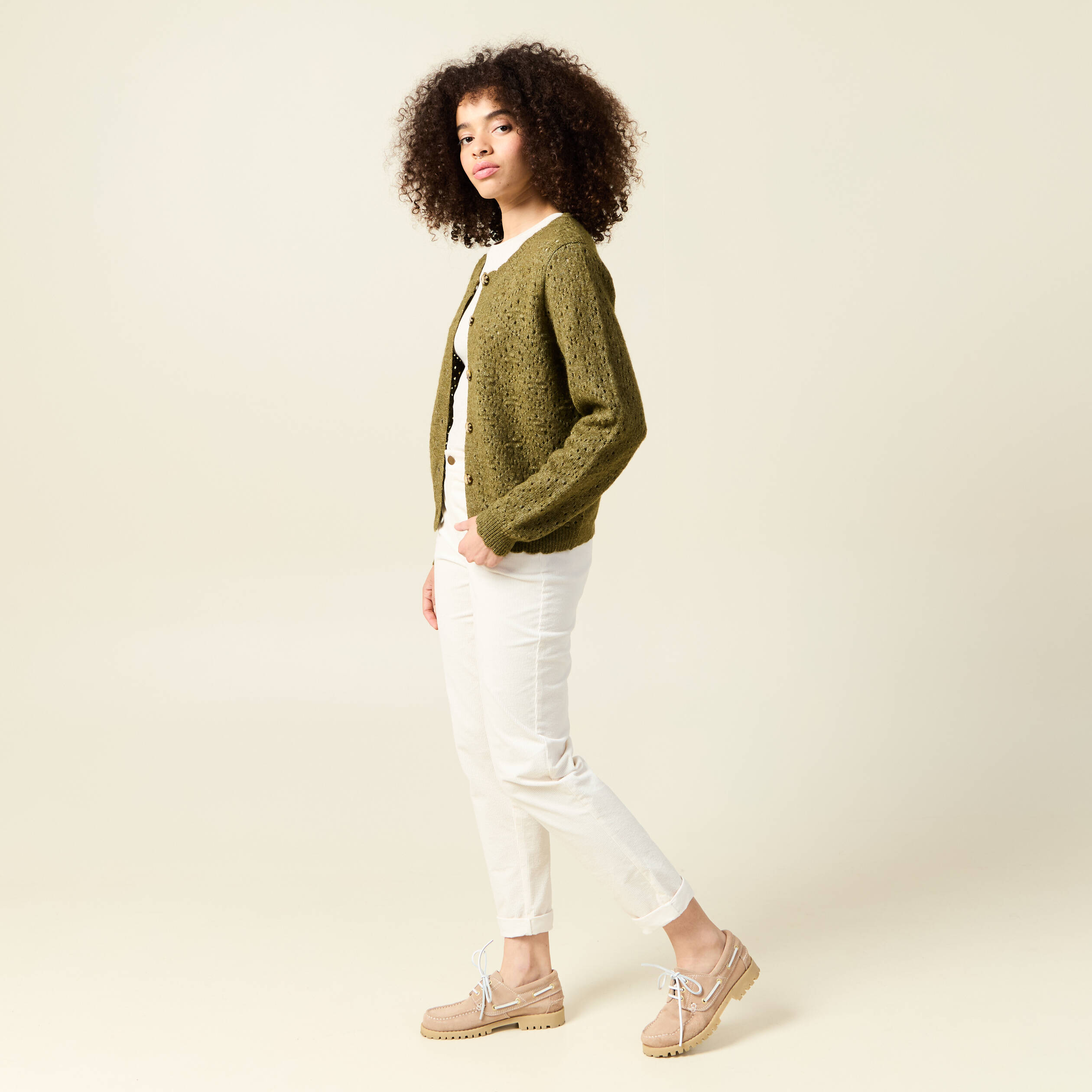 Gilet manches longues col rond vert kaki femme