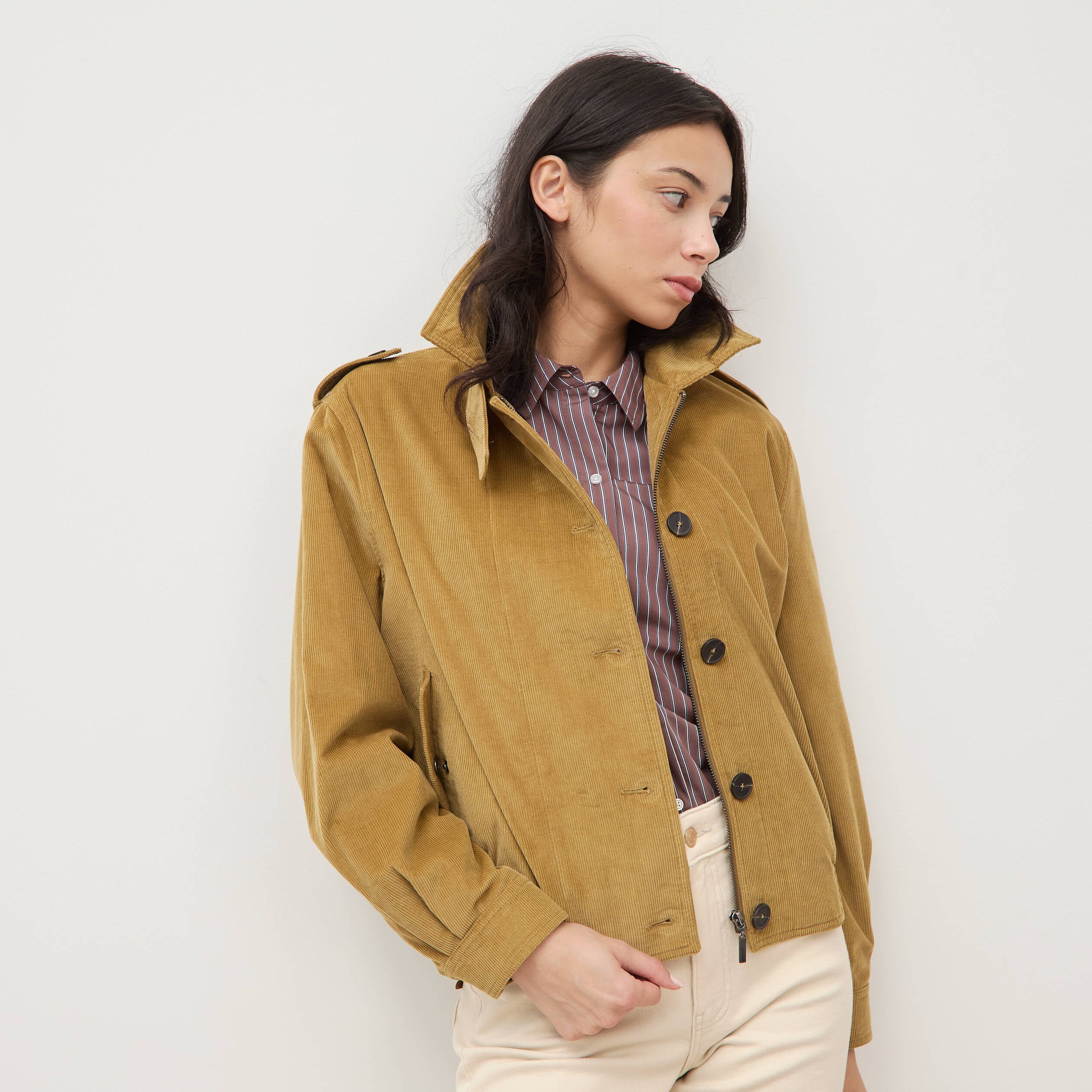 Veste en velours col biker camel femme