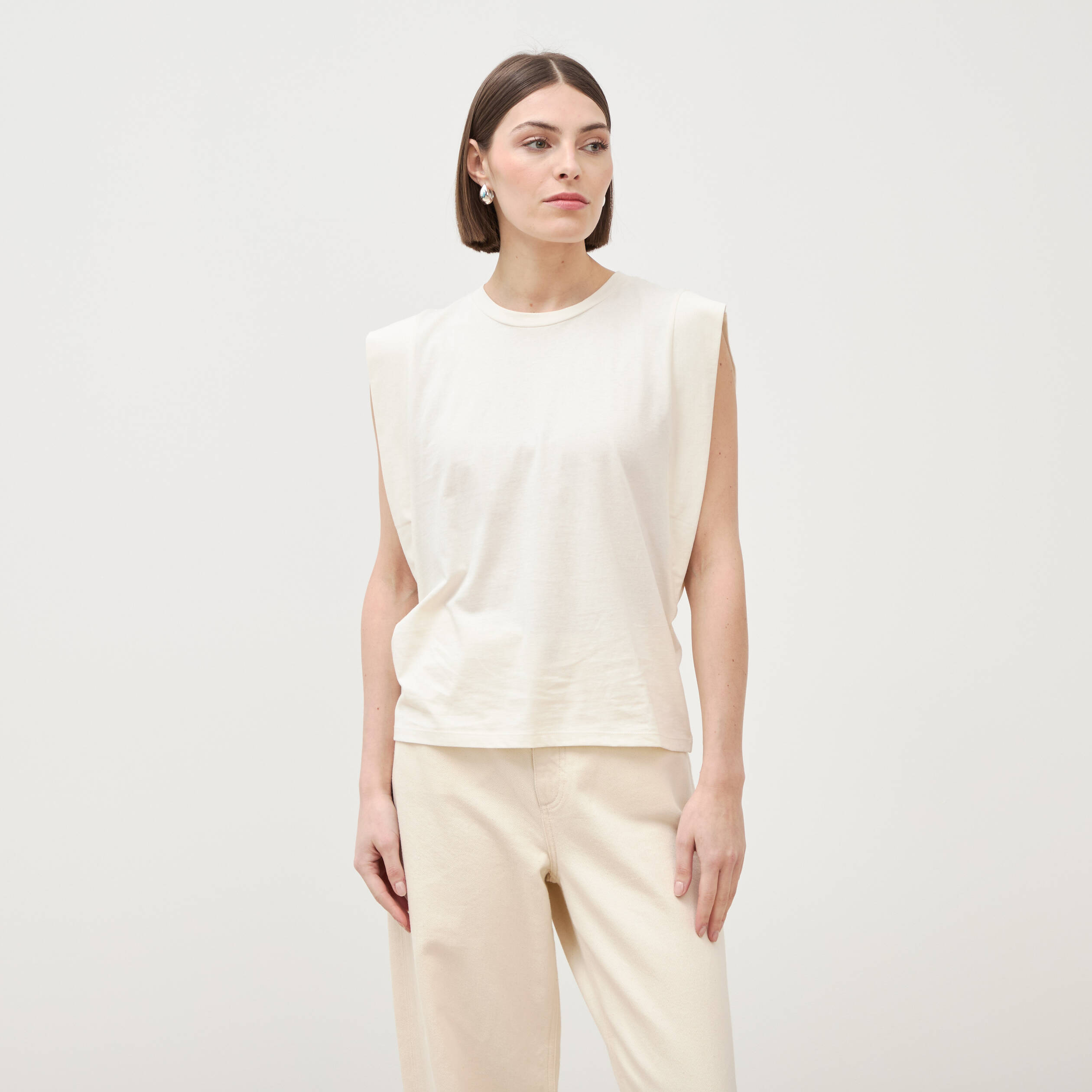 T-shirt en coton sans manches creme femme