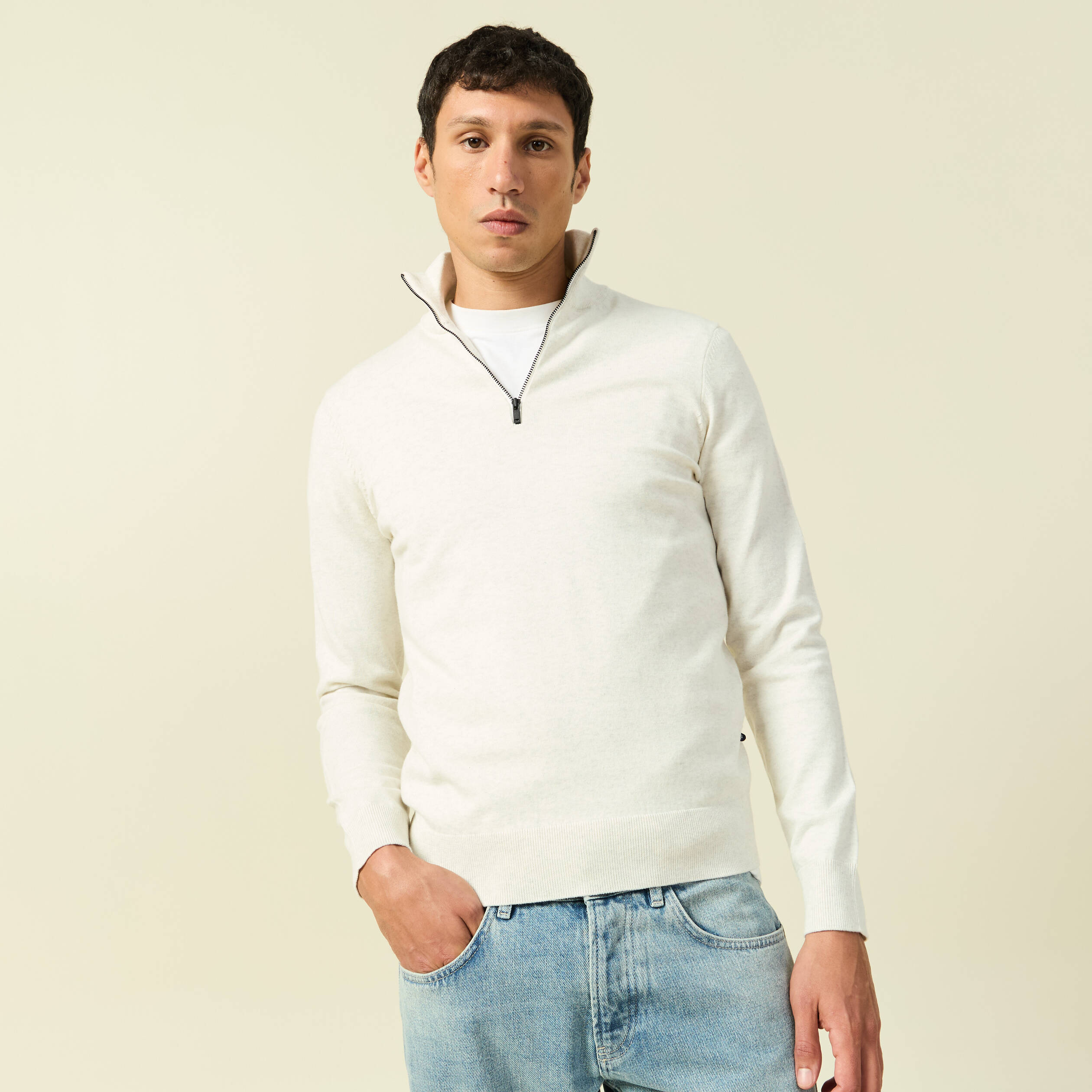 Pull fin col camionneur manches longues ecru homme