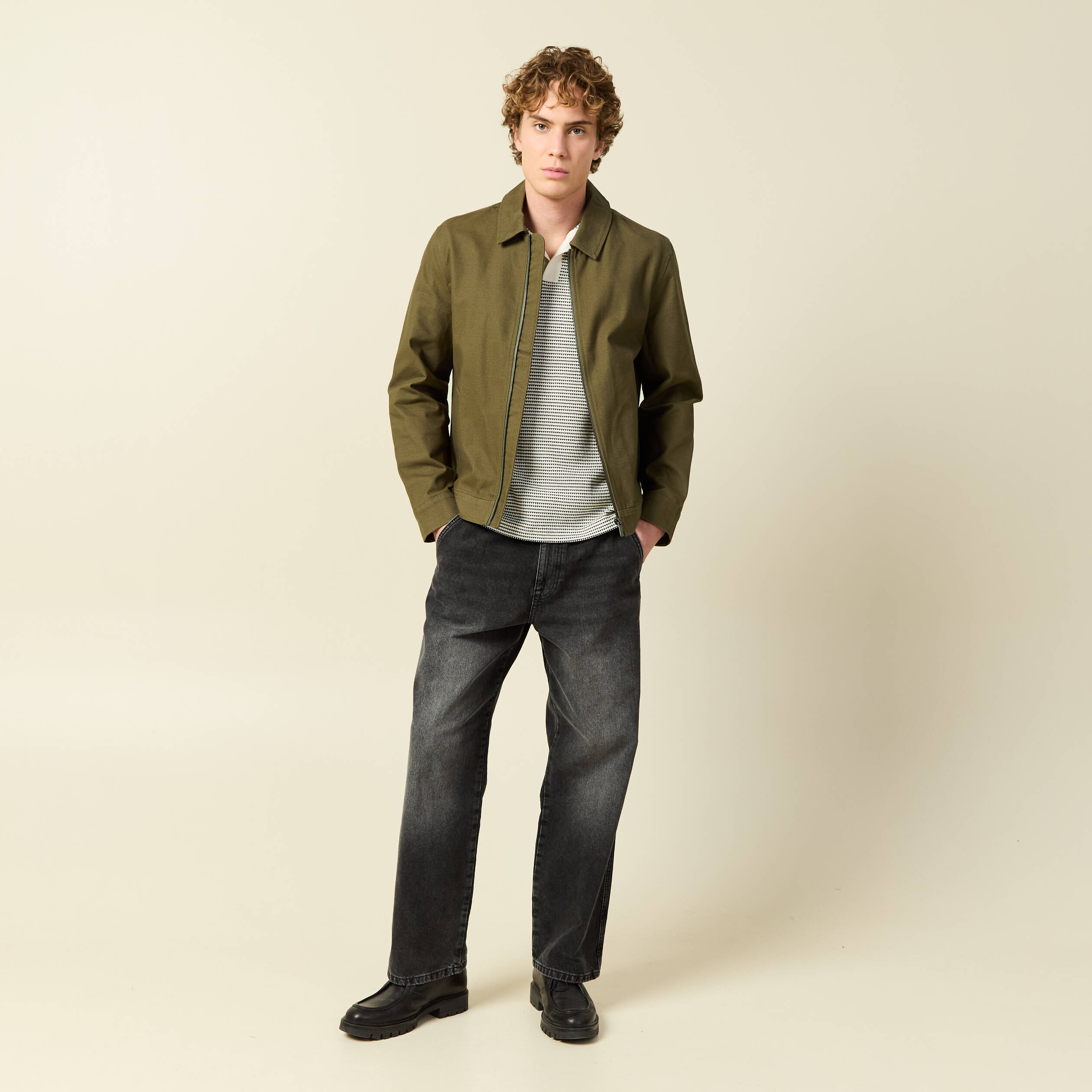 Blouson droit court en coton vert kaki homme