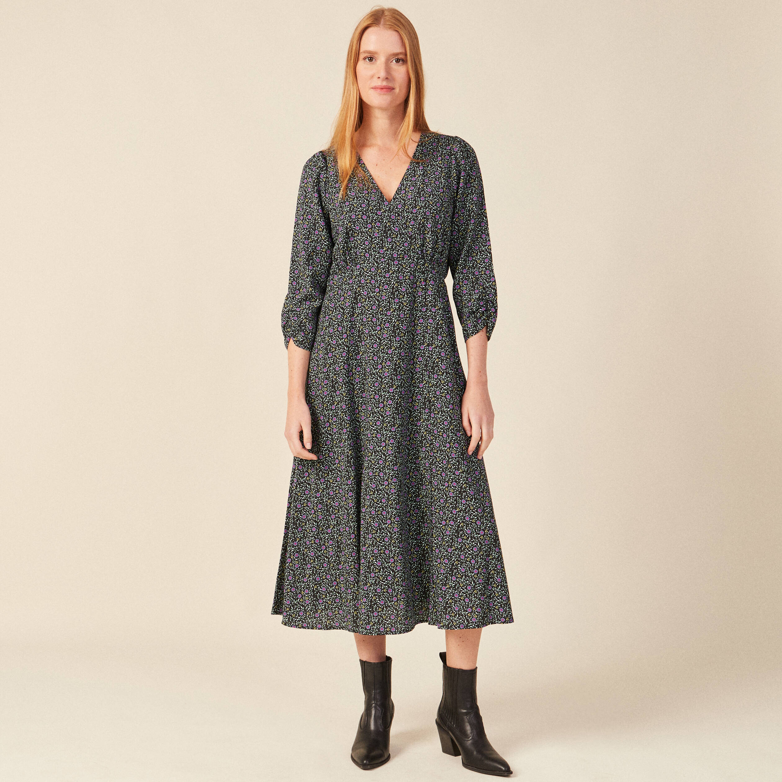 Robe droite 3/4 col v manches fluides noir femme