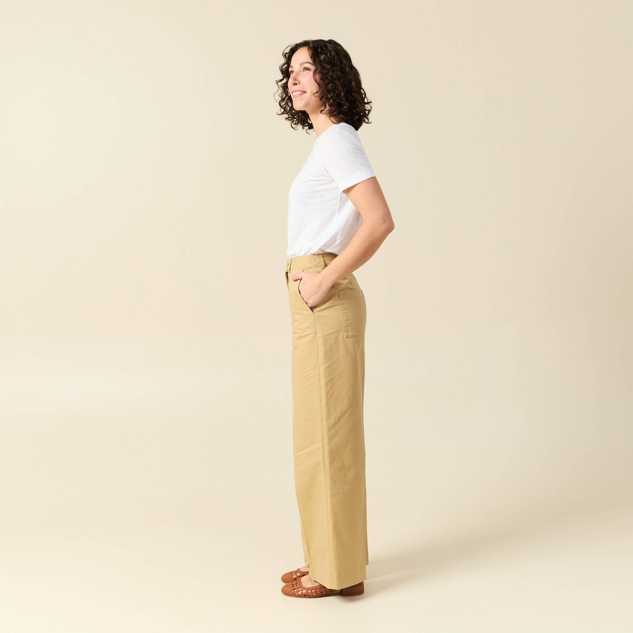Pantalon large taille haute beige femme