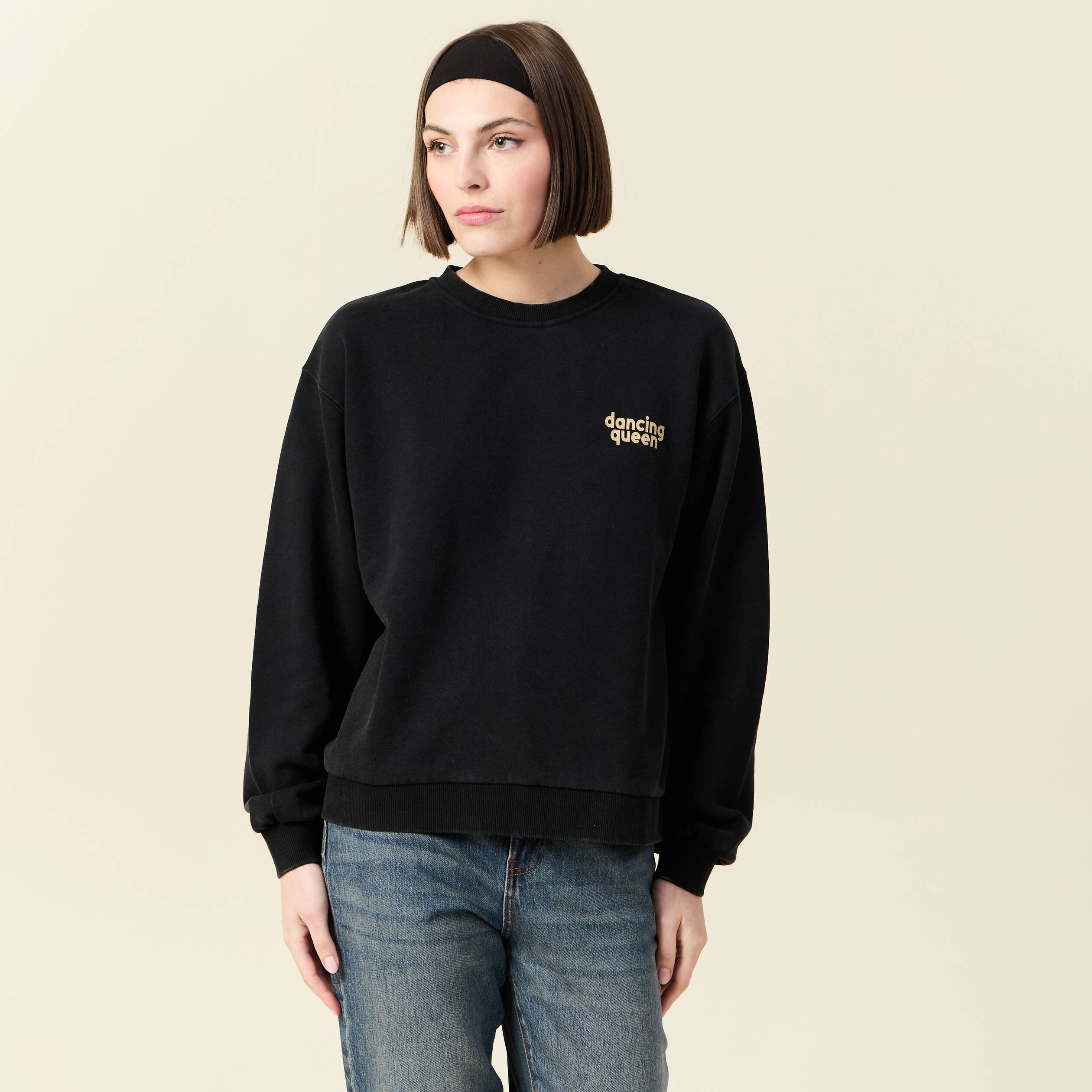 sweat col rond manches longues en coton noir femme Sweat col rond manches longues en coton noir femme