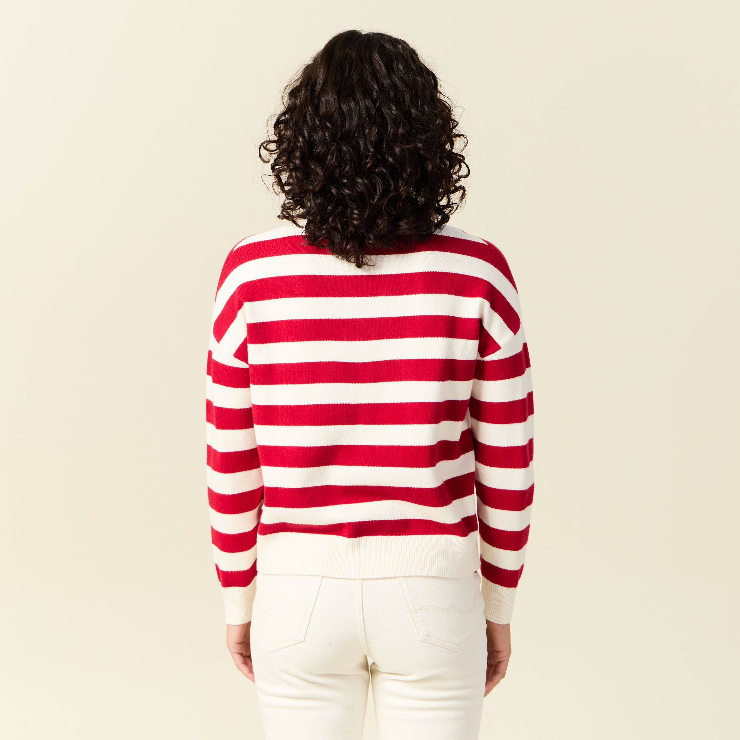 Pull manches longues col polo ecru femme