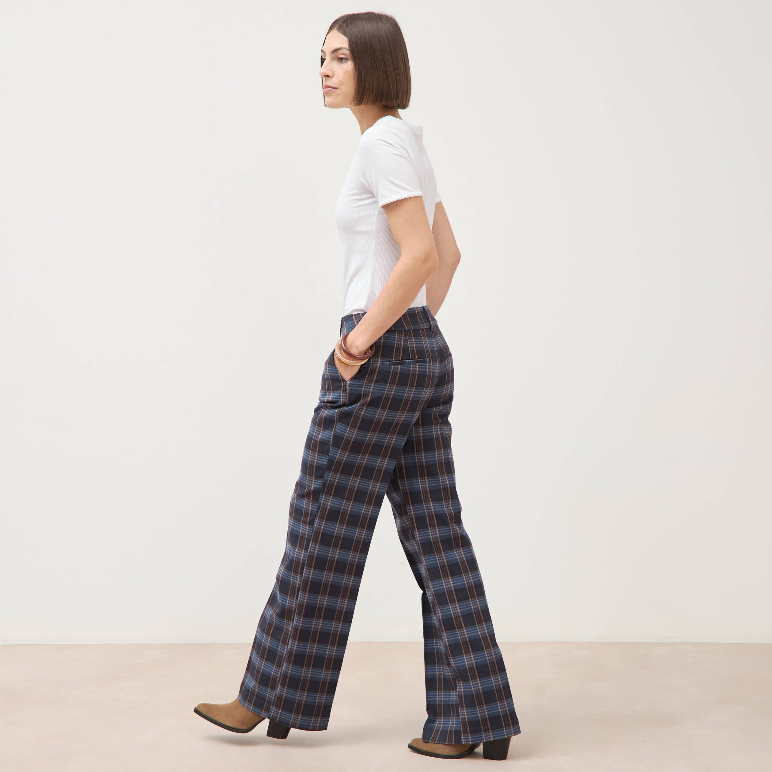 Pantalon flare &agrave; carreaux taille haute bleu gris femme