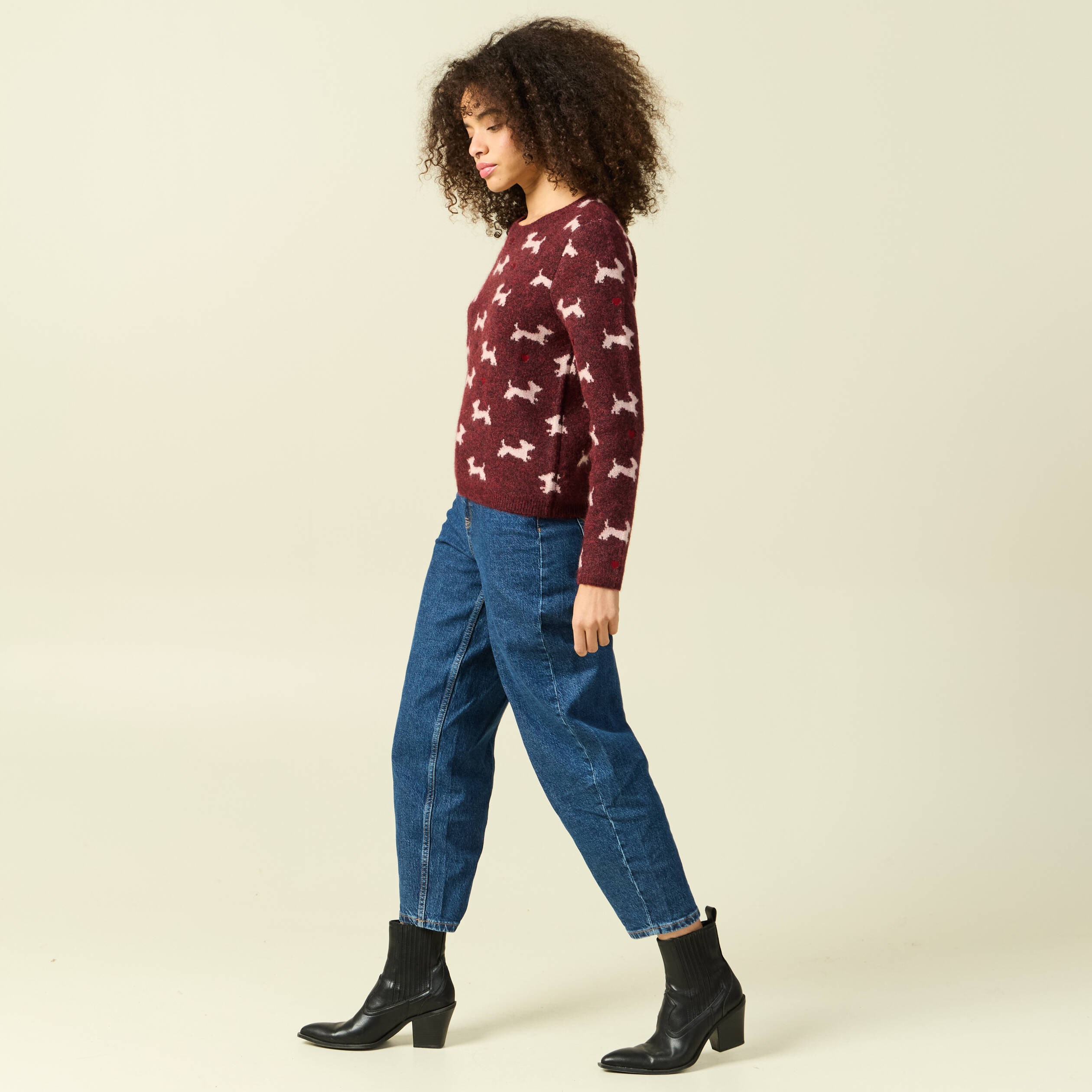 Pull de no&euml;l col rond manches longues prune femme