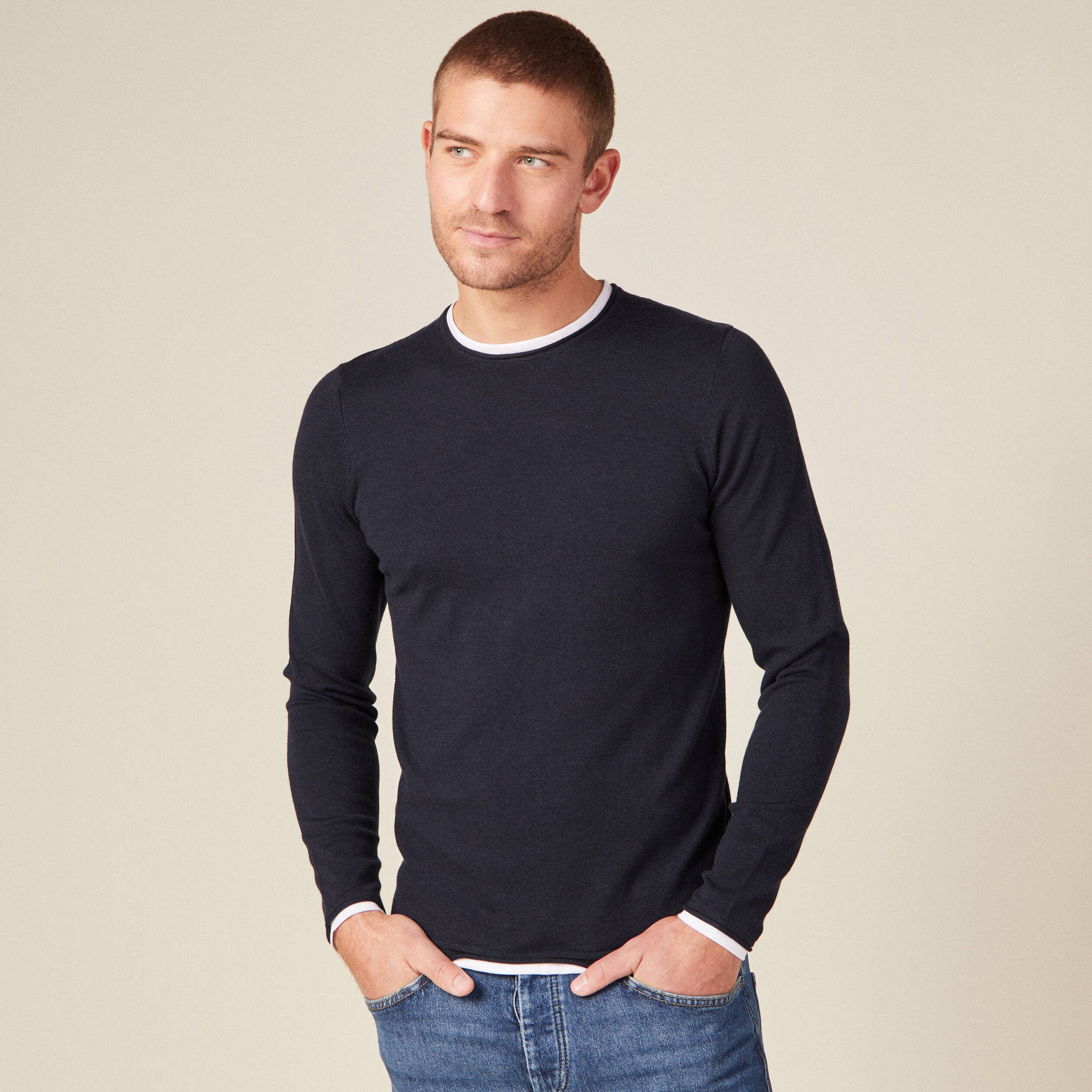 Pull manches longues 2-en-1 bleu marine homme