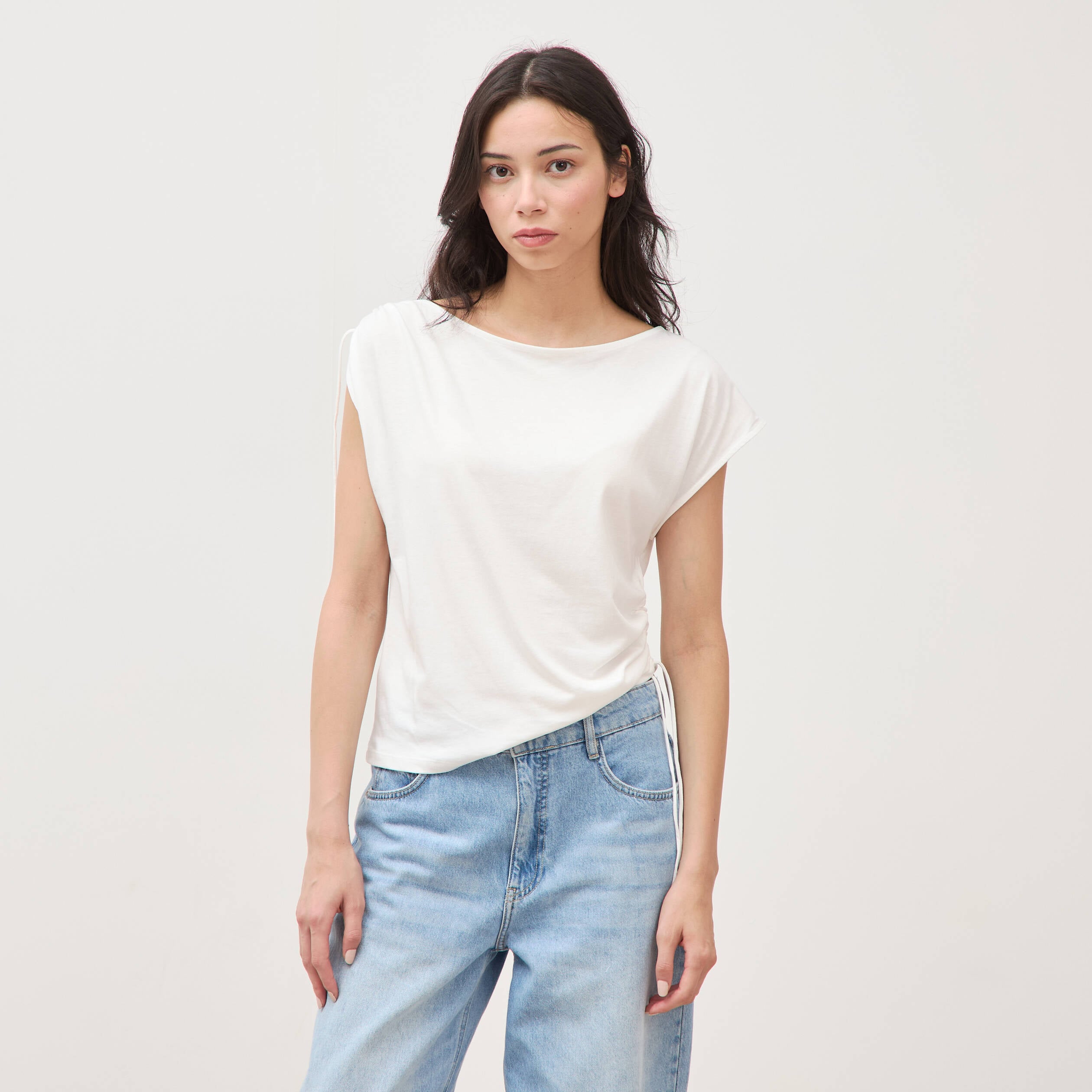 T-shirt col bateau manches courtes ecru femme