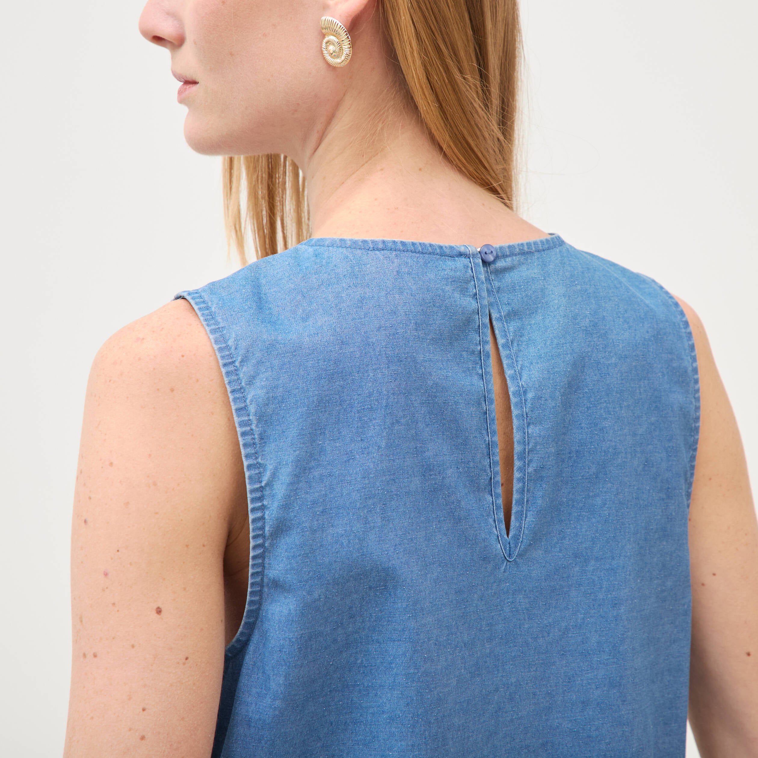 Top en jeans sans manches col rond bleu clair femme